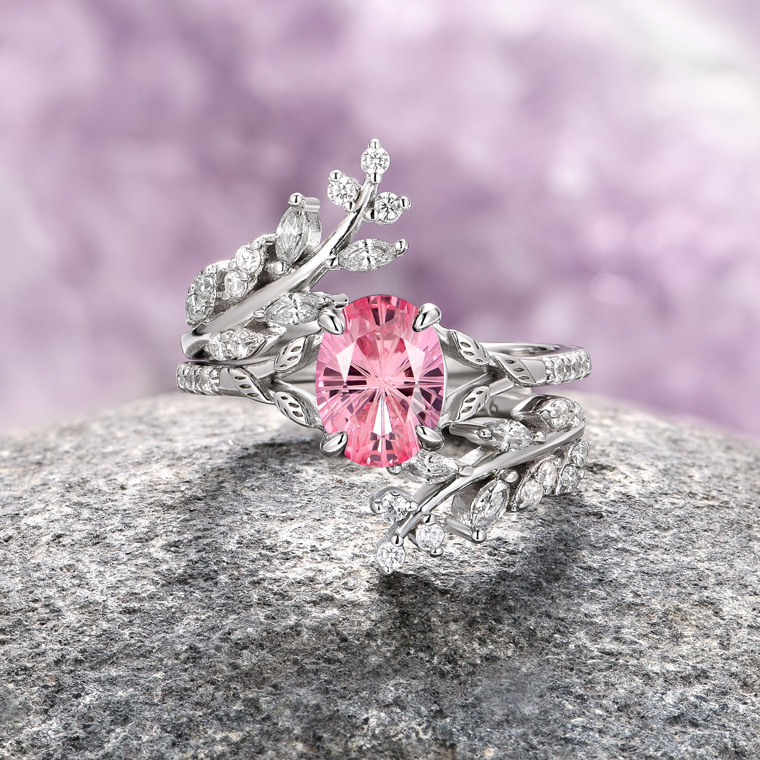Pink Sapphire Leaf Fantasy Star Cut Sterling Silver Ring Set - Elegant Jewelry for Women, Perfect for Weddings, Anniversaries & Special Occasions