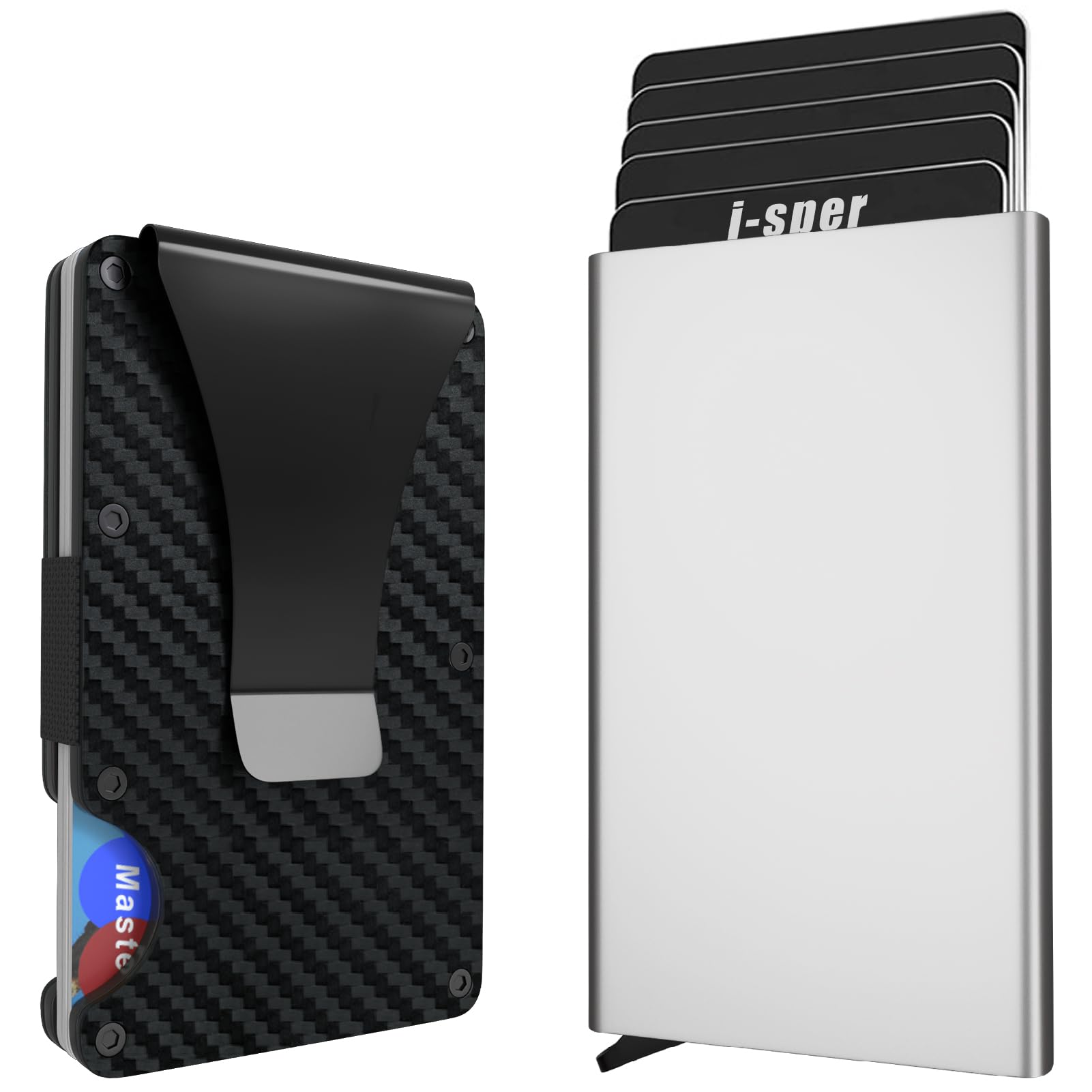 I-sper 2 Pack RFID Blocking Minimalist Wallets for Men - 1 Silver Pop Up Wallet & 1 Carbon Fiber Metal Money Clip Wallet | Slim Card Holder for Everyday Carry, Travel & Business Use