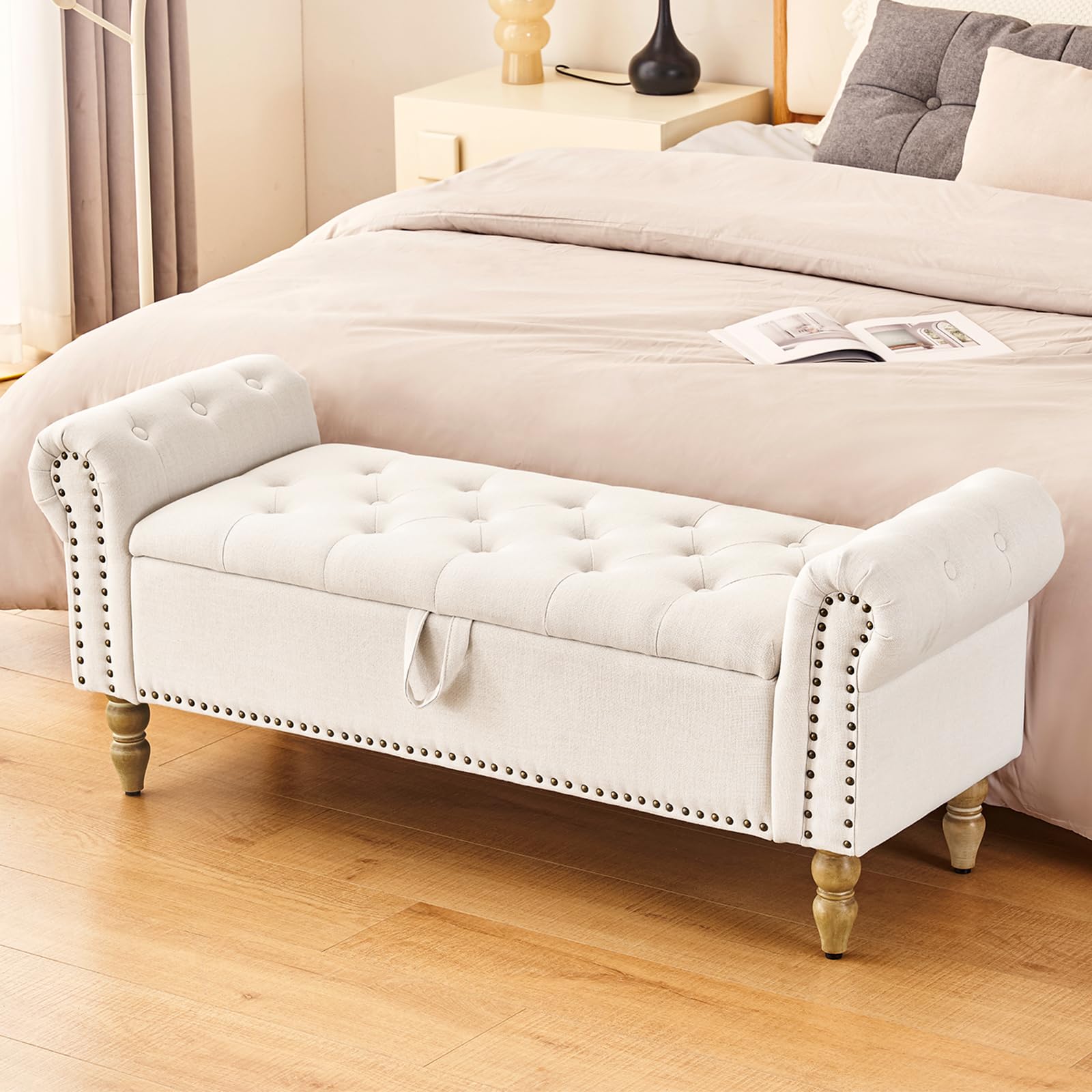 Furnimart Storage Bench for Bedroom - Faux Linen Upholstered Ottoman with Rolled Arms, 2.5 Cubic Feet Storage Space - Perfect for End of Bed, Living Room, Entryway & Small Space Organization