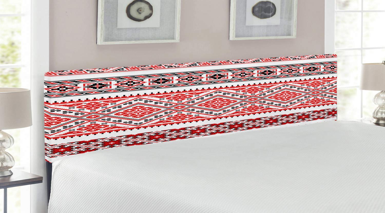 Ambesonne Traditional Ukrainian Art Headboard - King Size Upholstered Metal Bed Frame with Memory Foam | Vintage Cultural Motifs in Vermilion, Black & White | Perfect for Bohemian & Ethnic Bedroom Decor