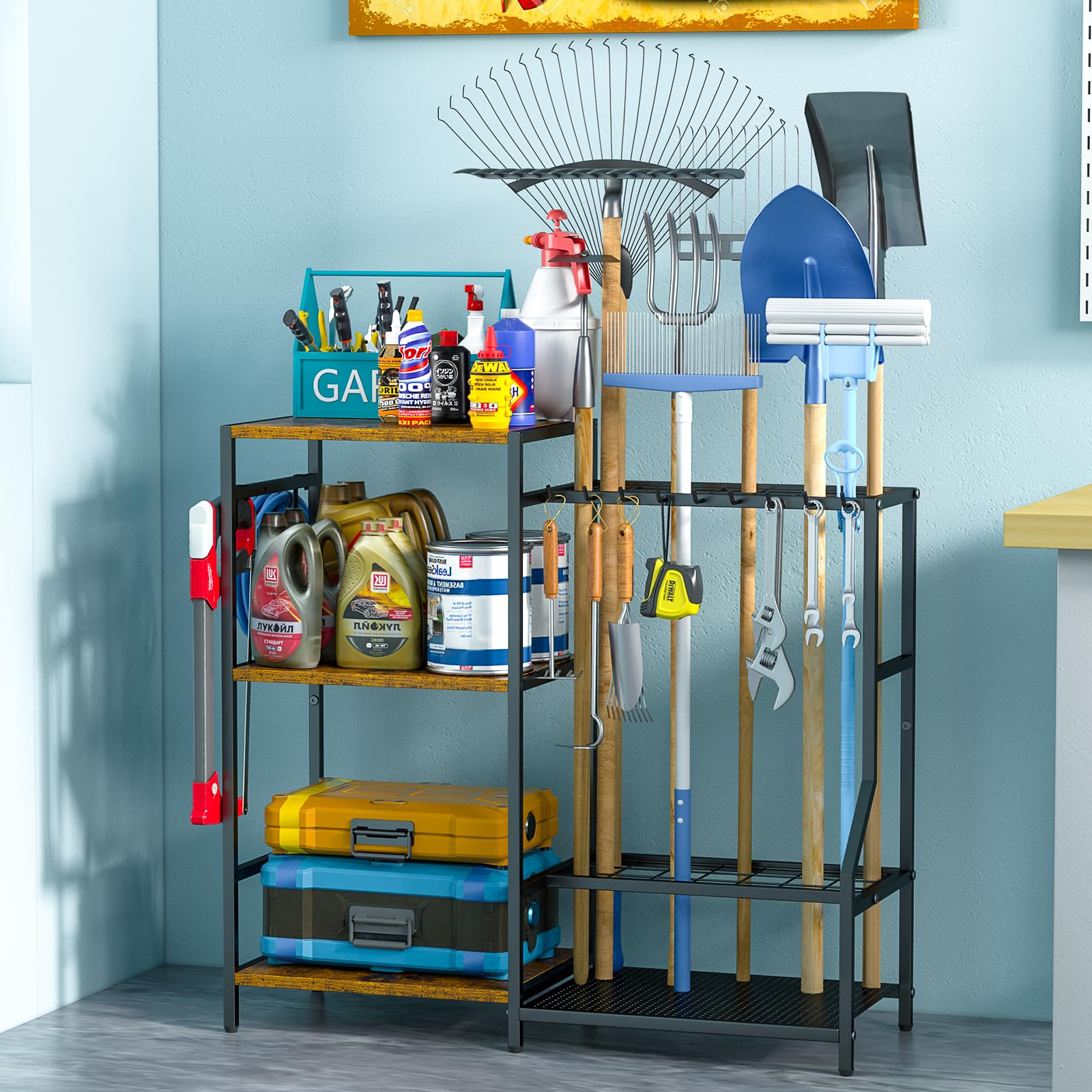DAOUTIME 3-Tier Metal Garden Tool Organizer with 2 Hooks - Heavy Duty Steel Yard Tool Storage Rack for Garage, Shed & Home - Holds Up to 21 Long-Handled Tools (Black) - Perfect for Organizing Shovels, Rakes & Gardening Equipment