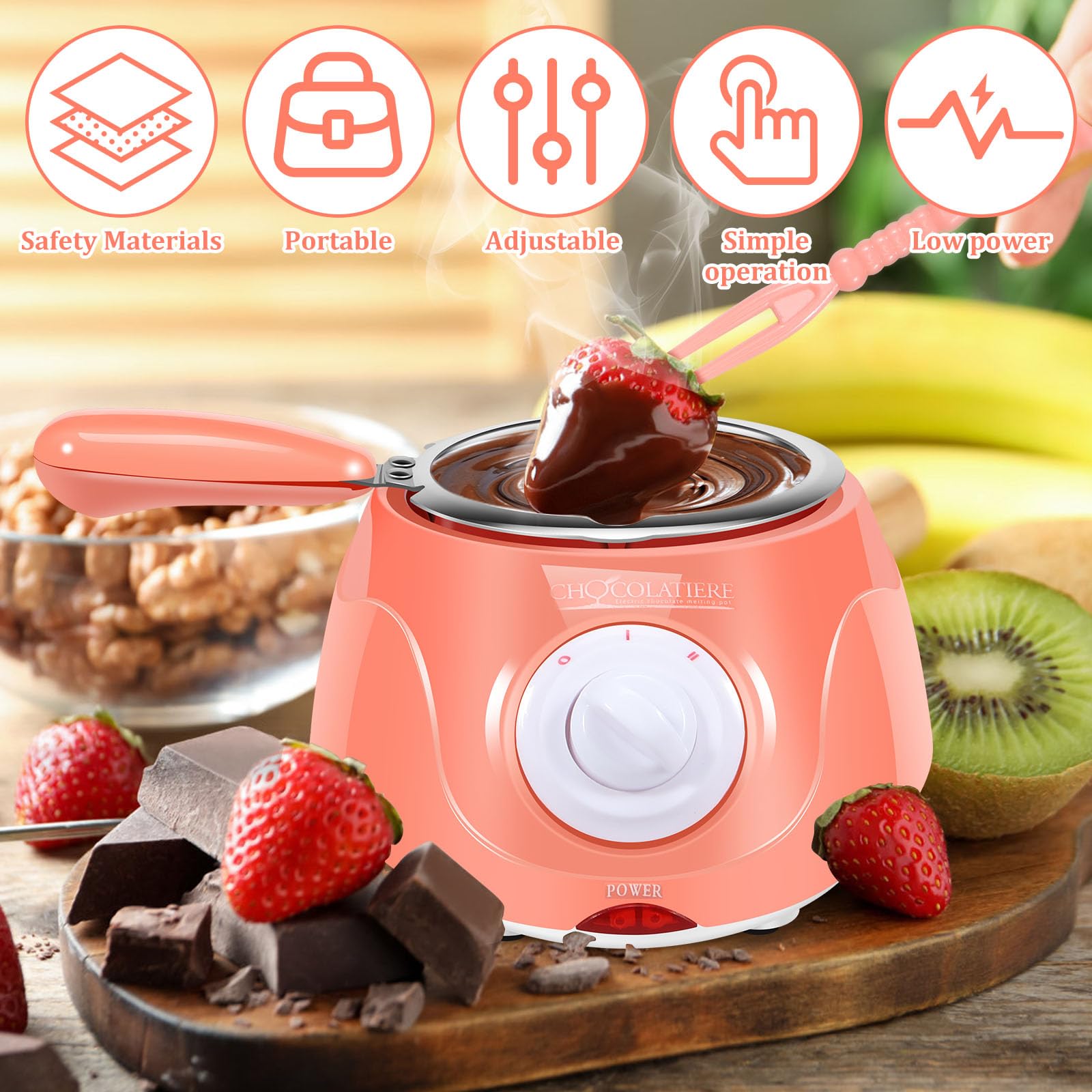 Electric Chocolate Melting Pot 250ml - 2-Speed Adjustable Temperature Chocolate Warmer & Fondue Maker for Candy, Cheese, Butter - Perfect for Home Baking, Parties & Dessert Making (Pink)