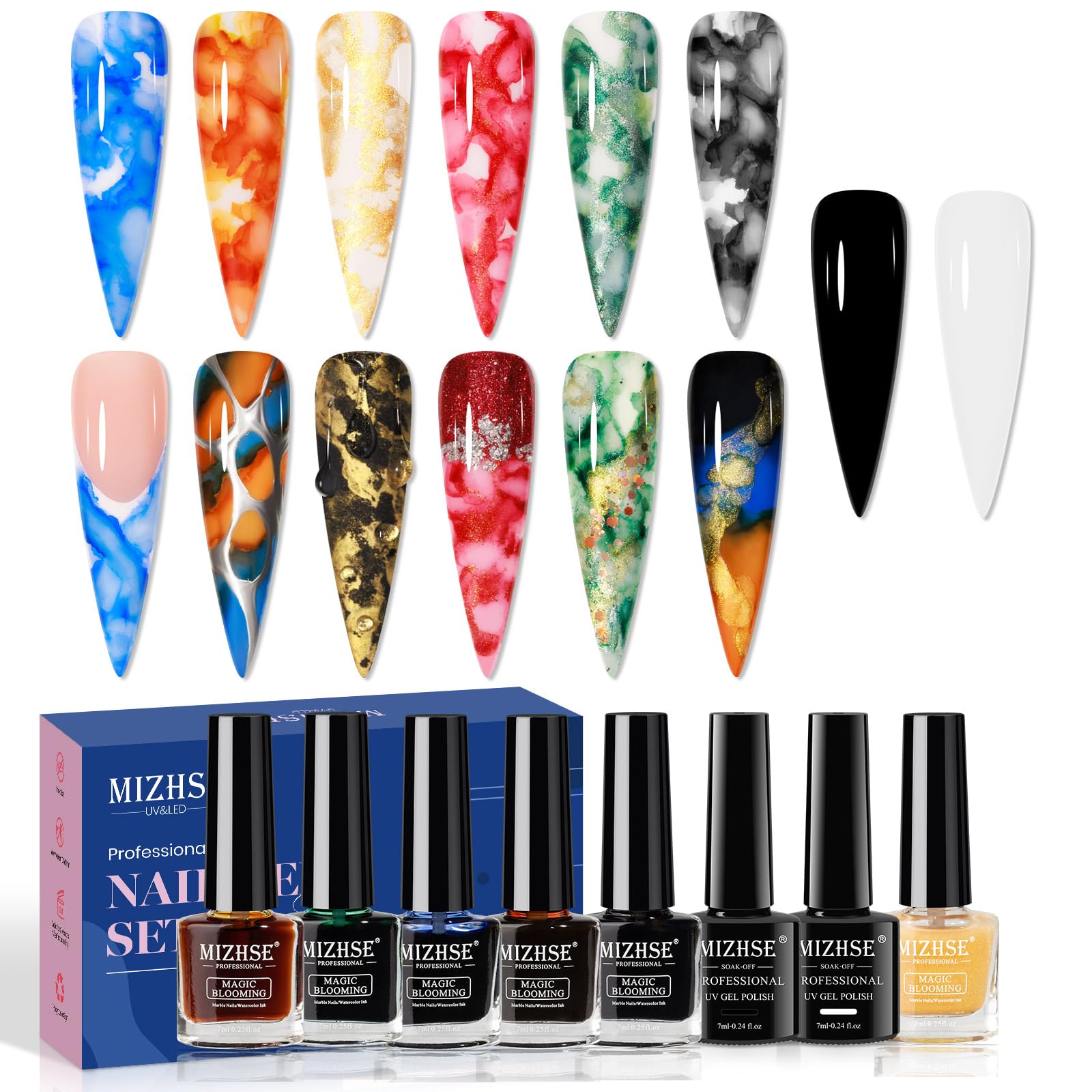 MIZHSE 8 Colors Glitter Marble Nail Polish Set - Blooming Marble Gel & Watercolor Nail Ink for DIY Nail Art, Home Manicure & Professional Salon Use - Perfect for Parties, Weddings & Special Occasions