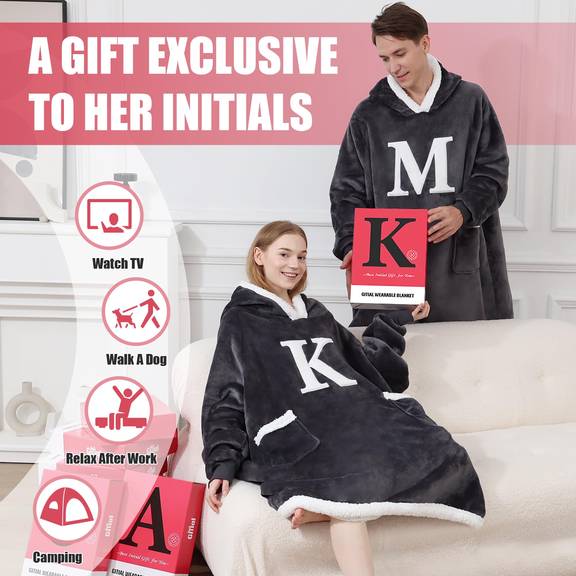 Personalized Monogrammed Wearable Blanket Hoodie - Custom Initial A-Z, Soft Fleece Sweatshirt Blanket for Women, Girlfriend, Mom & Wife - Perfect for Cozy Nights, Movie Marathons & Birthday Gifts