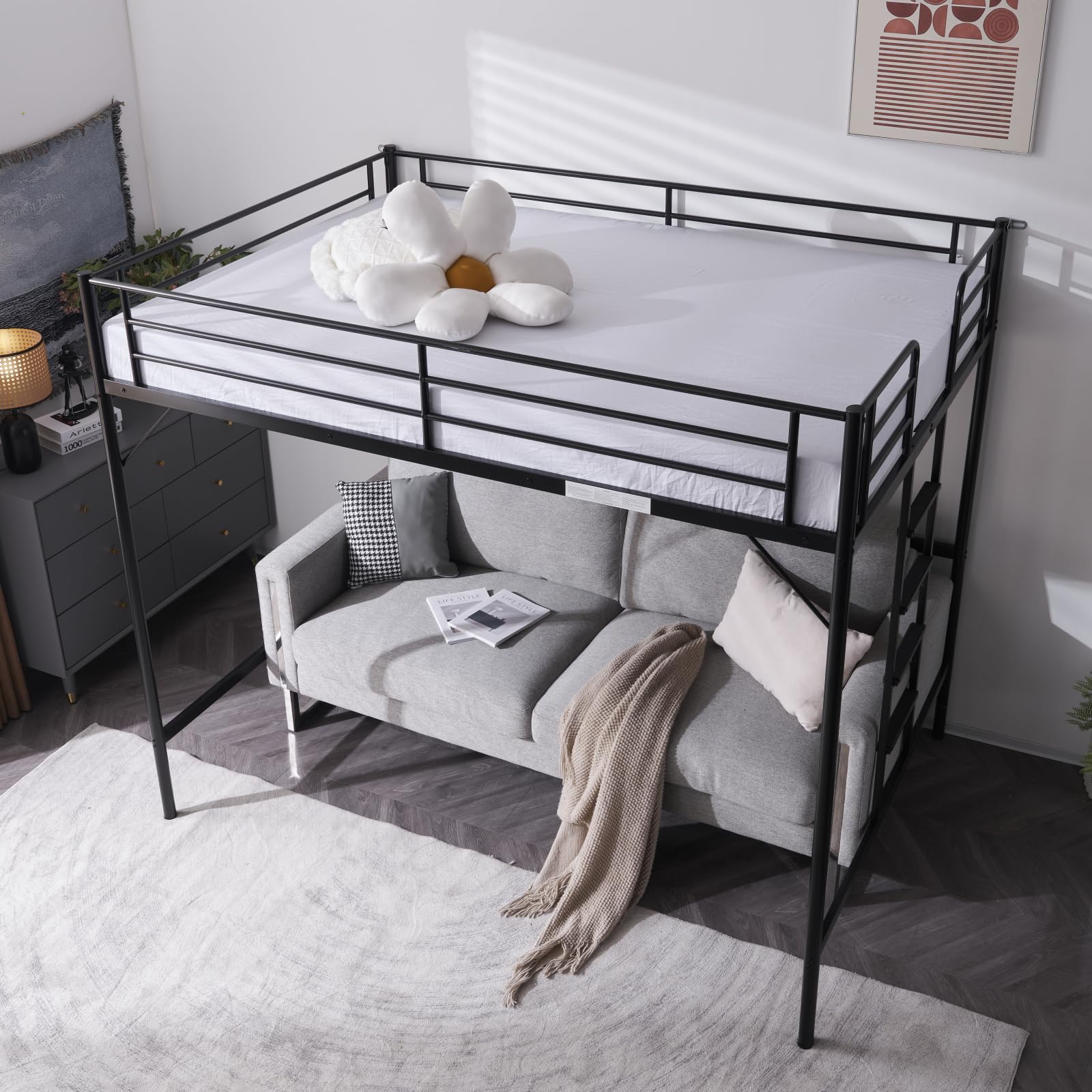 VINGLI Full Size Loft Bed with Flat Rungs - Sturdy Metal Slat Support for Adults, Kids & Teens - No Box Spring Needed - Perfect for Small Spaces, Dorm Rooms & Kids' Bedrooms