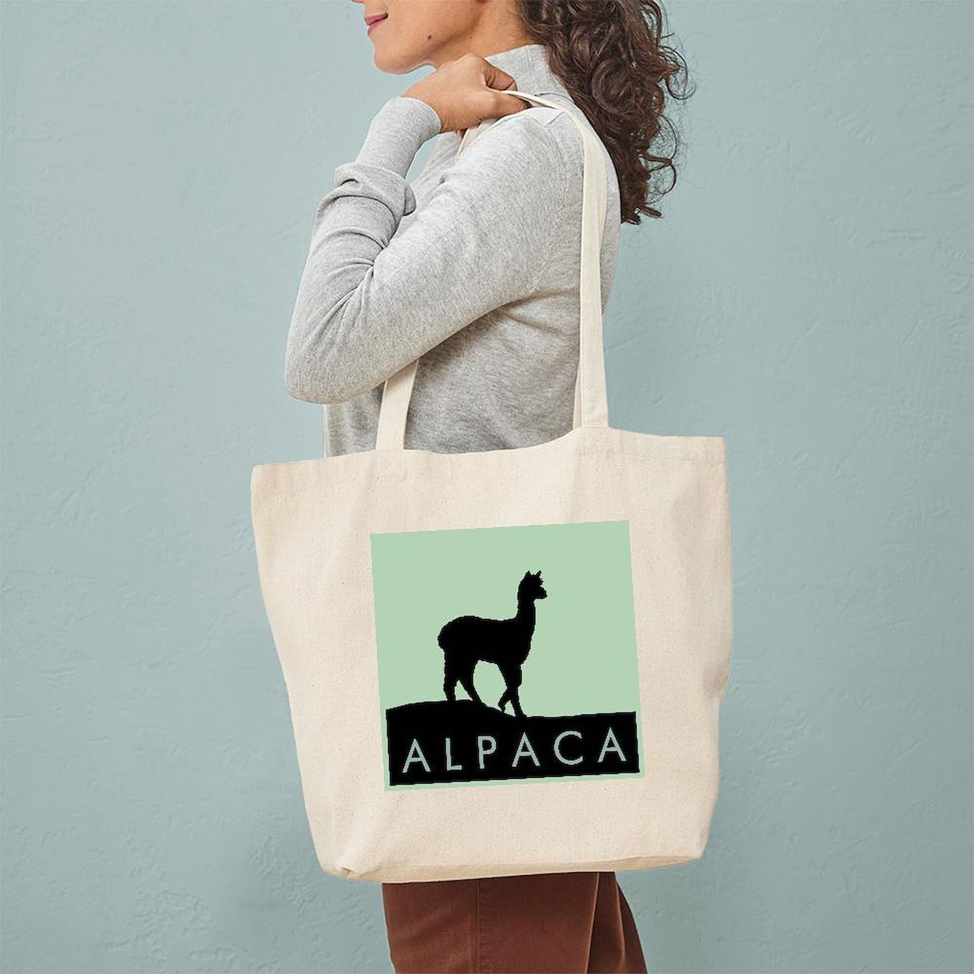 Alpaca Black on Mint Tote Bag - Natural Canvas Reusable Shopping Bag for Groceries, Beach & Daily Use | Eco-Friendly Cotton Tote by CafePress