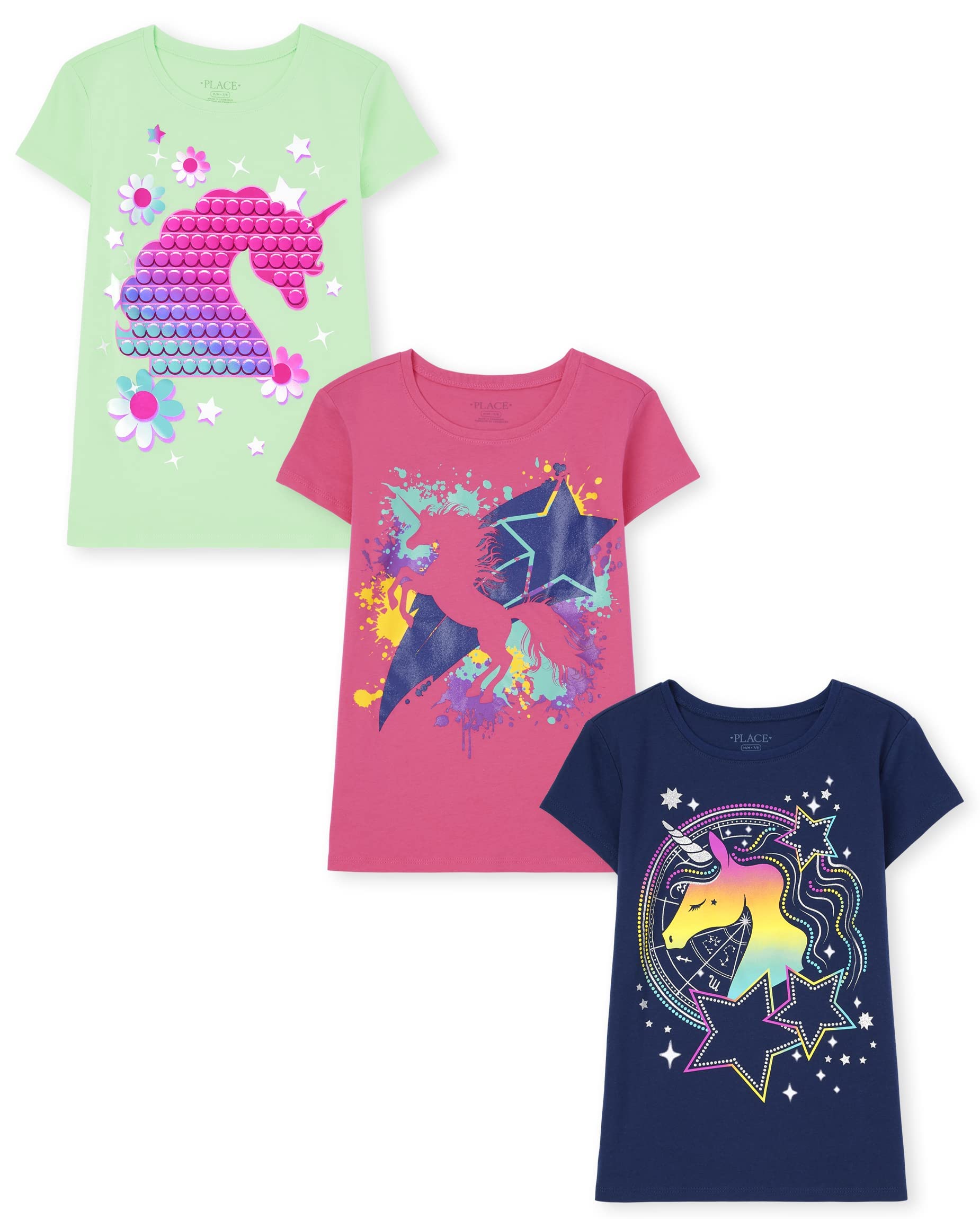 The Children's Place Girls' Unicorn Short Sleeve Graphic T-Shirts - 3 Pack | Cute Kids Casual Tees for School, Playdates & Birthday Parties