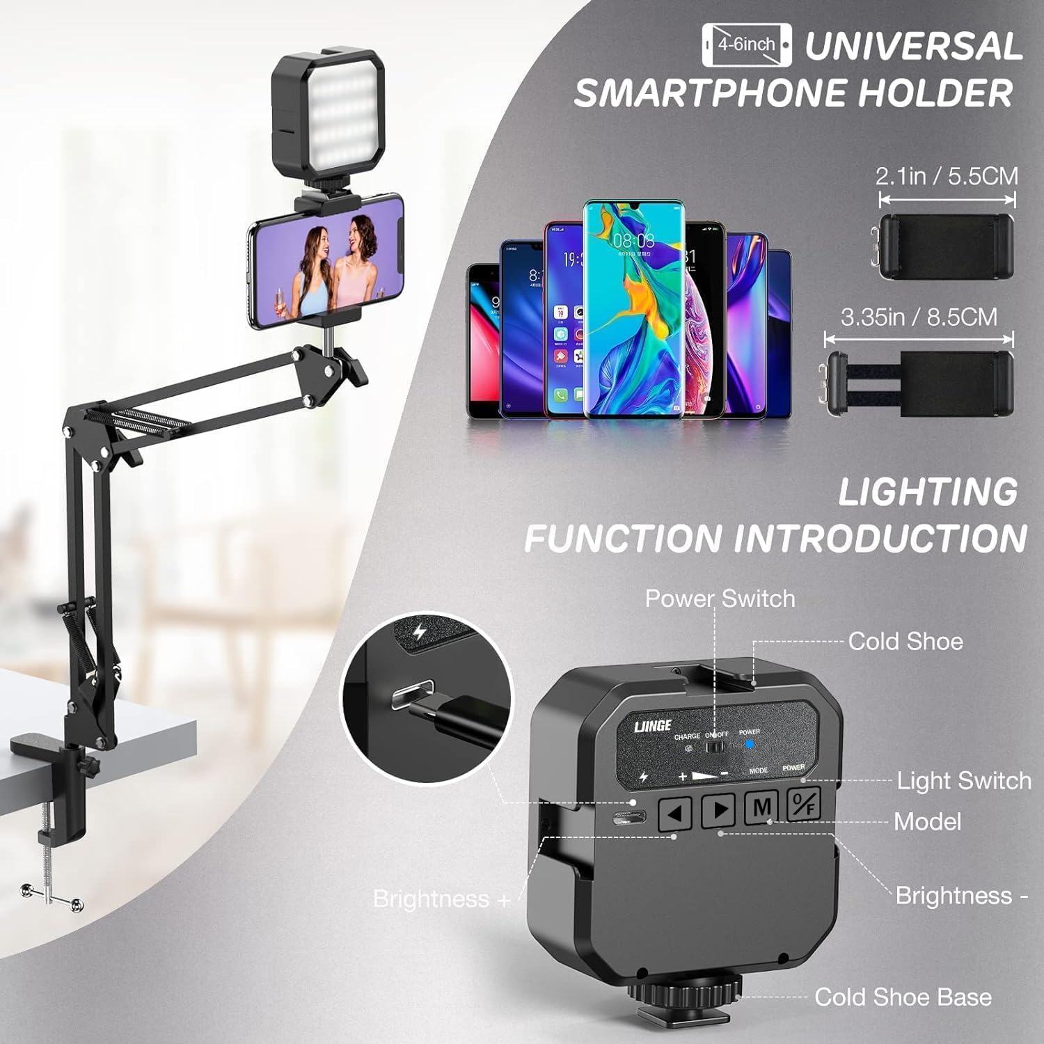 Adjustable Overhead Phone Mount with Articulating Arm & LED Light - Flexible Phone Stand for Live Streaming, Video Recording, TikTok, YouTube, Cooking & DIY Projects - Perfect for Content Creators, Vloggers & Home Chefs