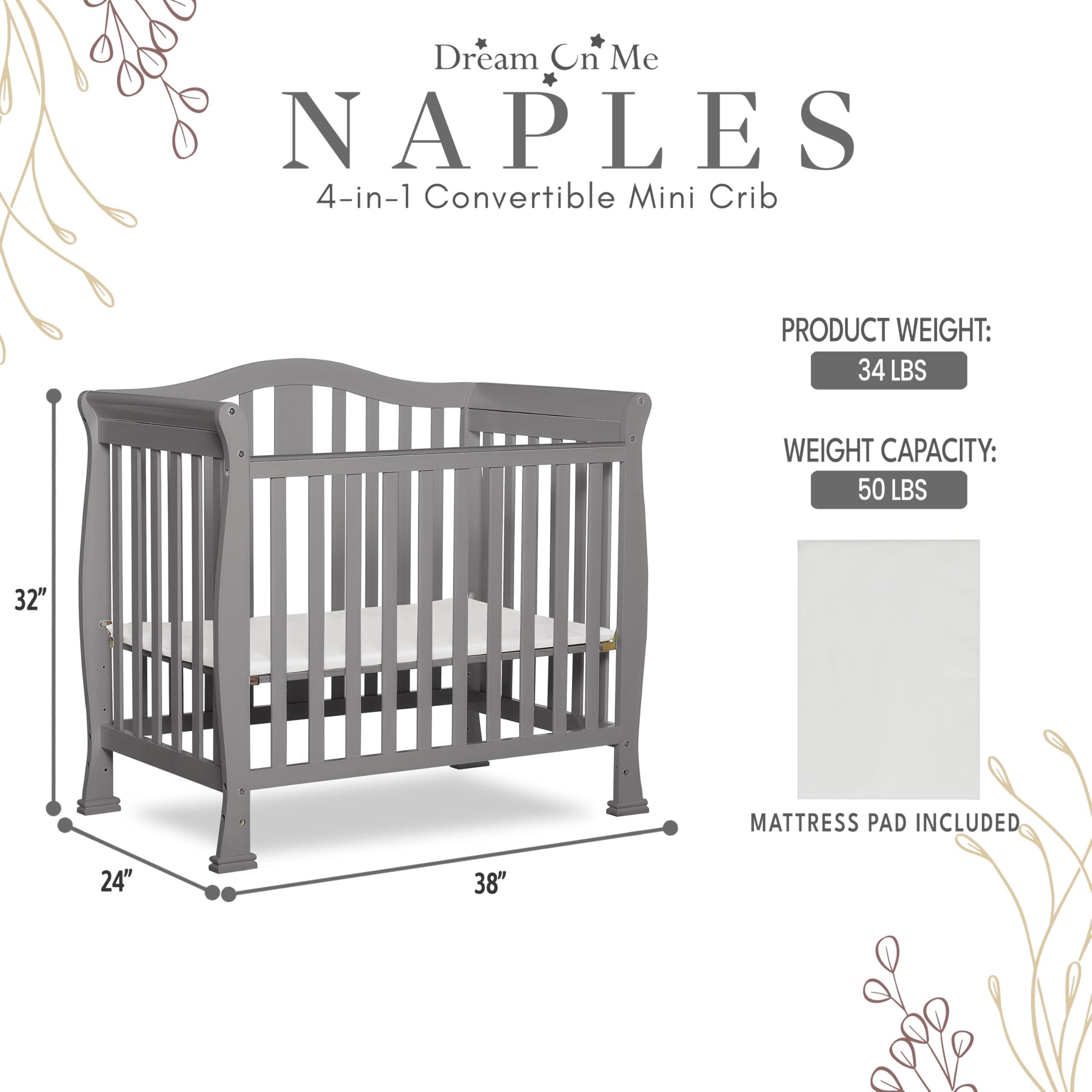 Dream On Me Addison 4-in-1 Convertible Mini Crib - Steel Grey | Greenguard Gold Certified | Non-Toxic New Zealand Pinewood | Includes 1
