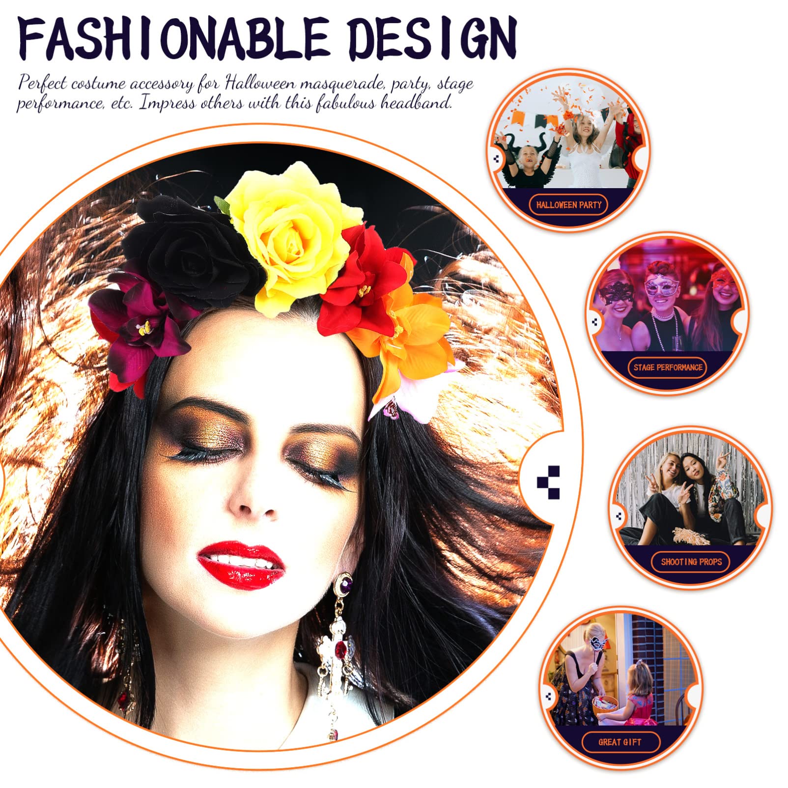 FOMIYES Mexican Flower Headband - Day of The Dead Headdress with Rose & Skull Design for Halloween Costume, Pride Party Accessories | Perfect for Dia de los Muertos Celebrations, Cosplay & Festive Events