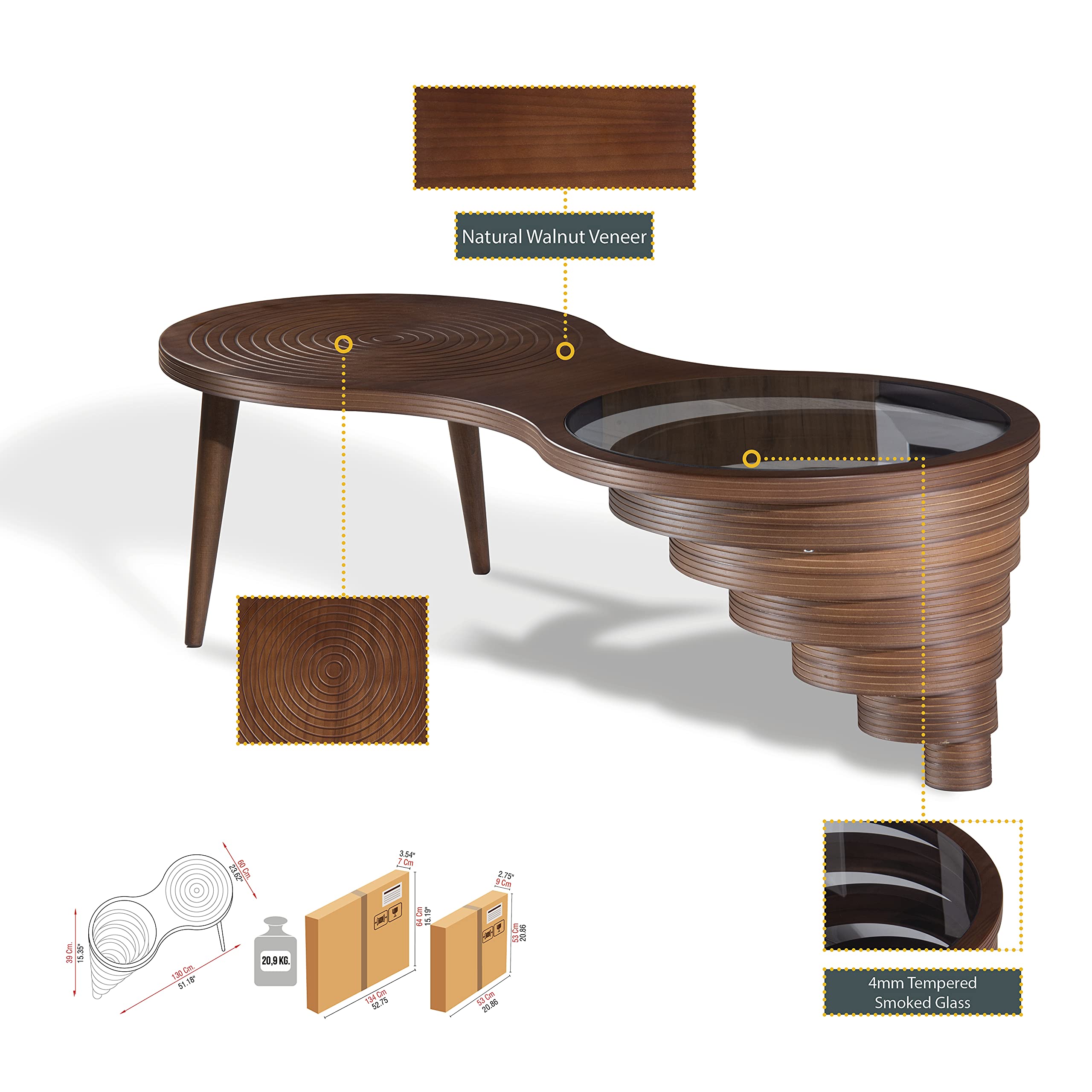 Natural Walnut Veneer Coffee Table for Living Room - Rustic Center Table with Glass Top - Modern Mesa De Centro para Sala - Perfect for Relaxing, Entertaining & Home Decor