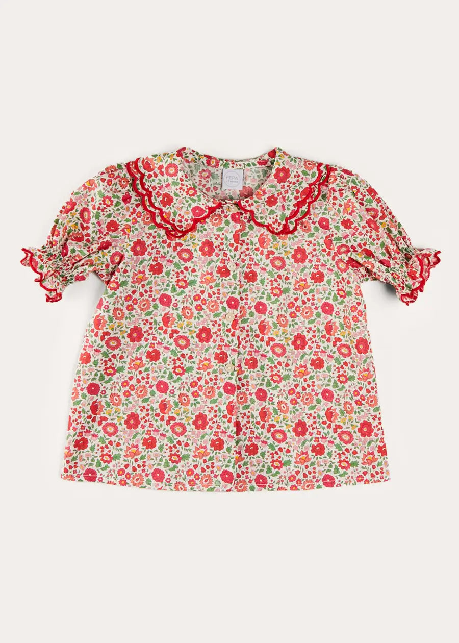 Margot Floral Short Sleeve Blouse - Red Liberty Fabric for Girls (18m-12yrs) | Perfect for Spring Outfits, Birthday Parties & Family Photos