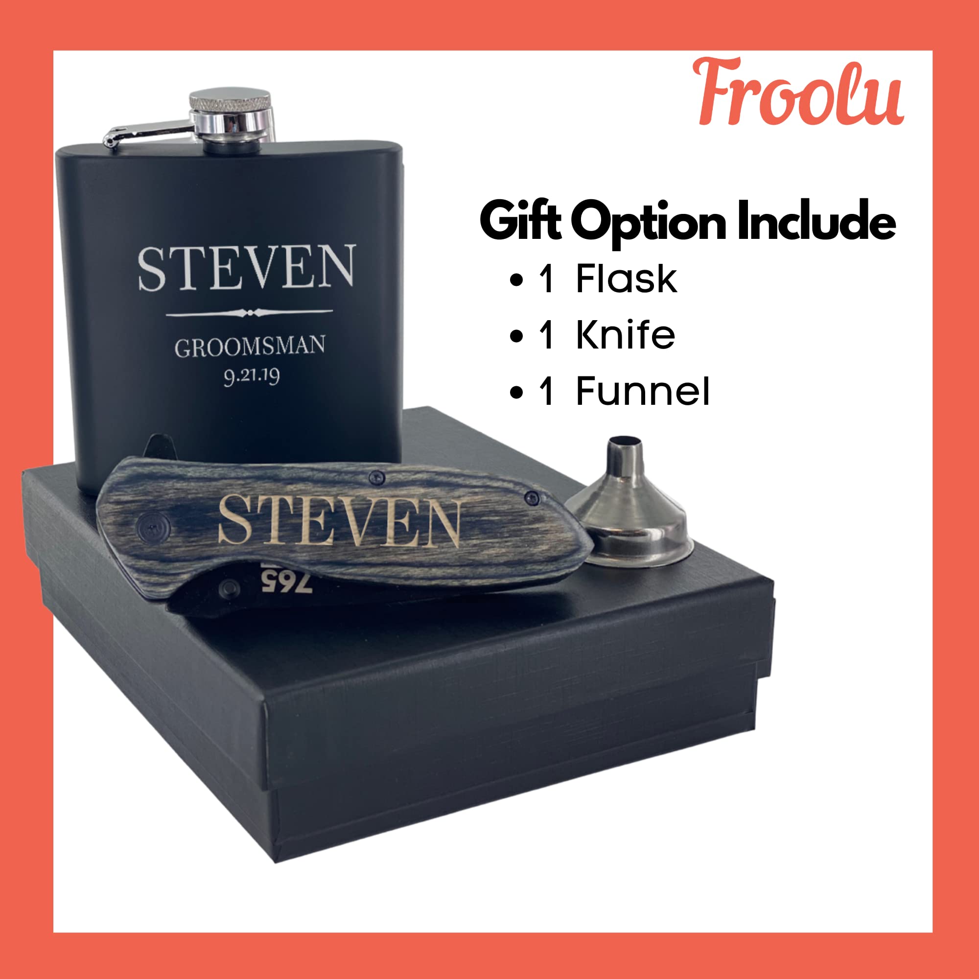 Premium Personalized Groomsman Gifts Set of 6 - Custom Engraved Flask with 9 Design Options - Best Man & Wedding Party Favors - Perfect for Proposals, Bachelor Parties & Thank You Gifts - by Froolu