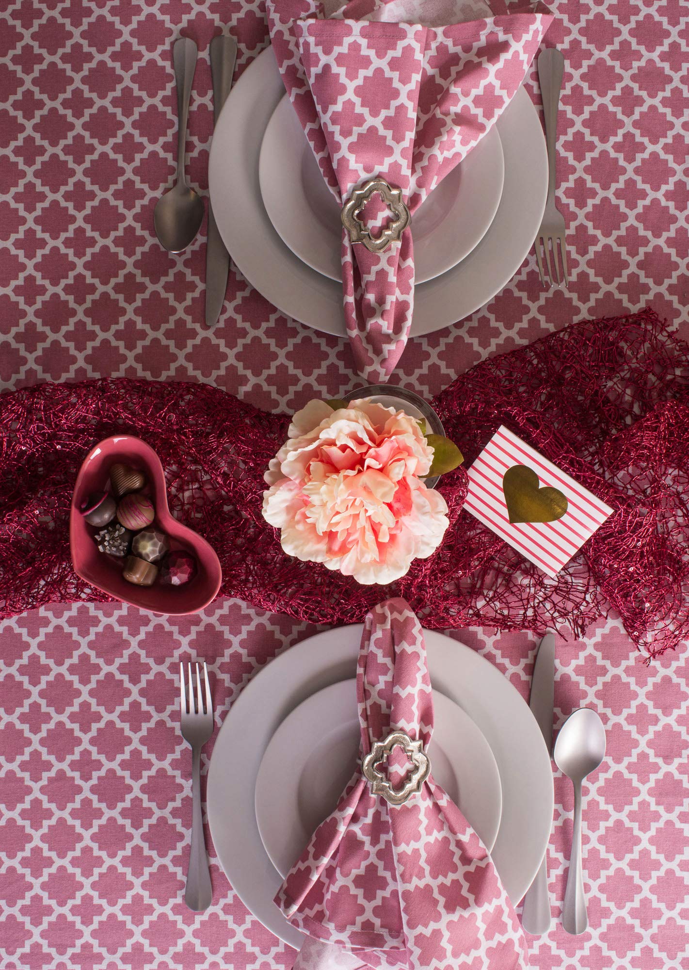 Moroccan Quatrefoil Cotton Table Runner 108 Inch - Rose Pink & White - Elegant Dining Table Decor for Weddings, Parties & Home Decor