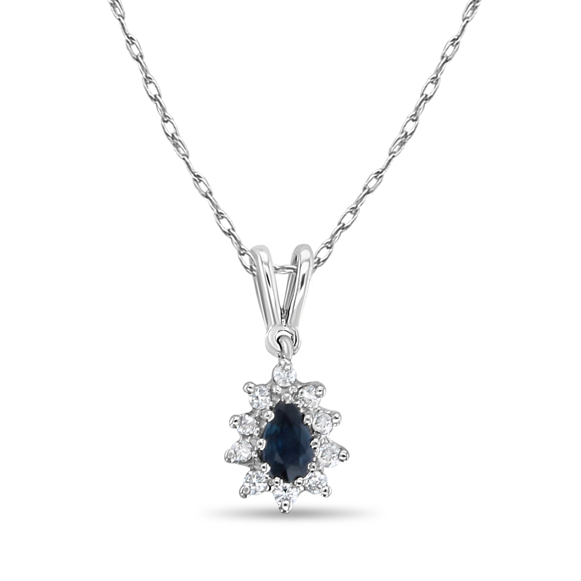 Elegant Pear-Shaped Sapphire Diamond Halo Necklace in 14K White Gold | Perfect for Anniversaries, Weddings & Special Occasions