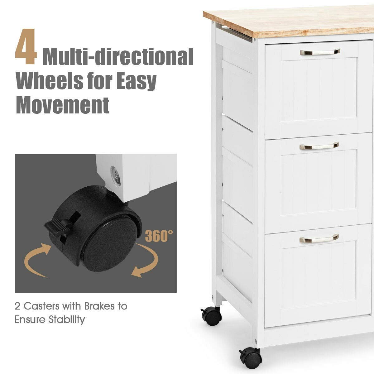 3-Tier Rolling Kitchen Island Cart with Wheels & Storage Drawers - Industrial Wood Serving Cart, Mobile Storage Cabinet for Kitchen, Dining Room, or Bar - White
