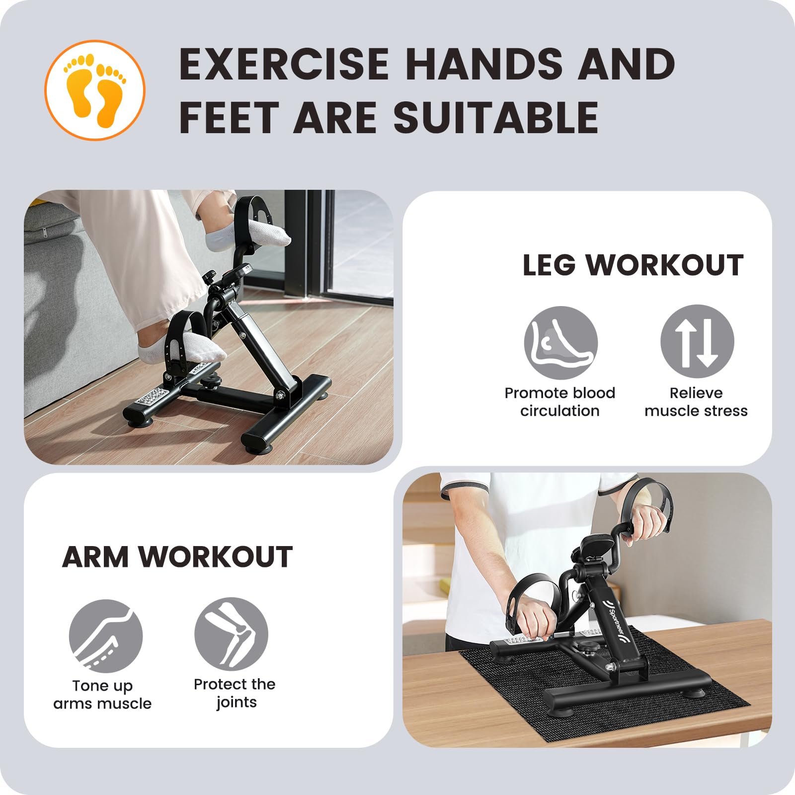 Sportneer Portable Under Desk Pedal Exerciser - Low Resistance Folding Exercise Bike for Arms & Legs - Compact Indoor Cycling Machine for Home Office Workouts & Active Sitting