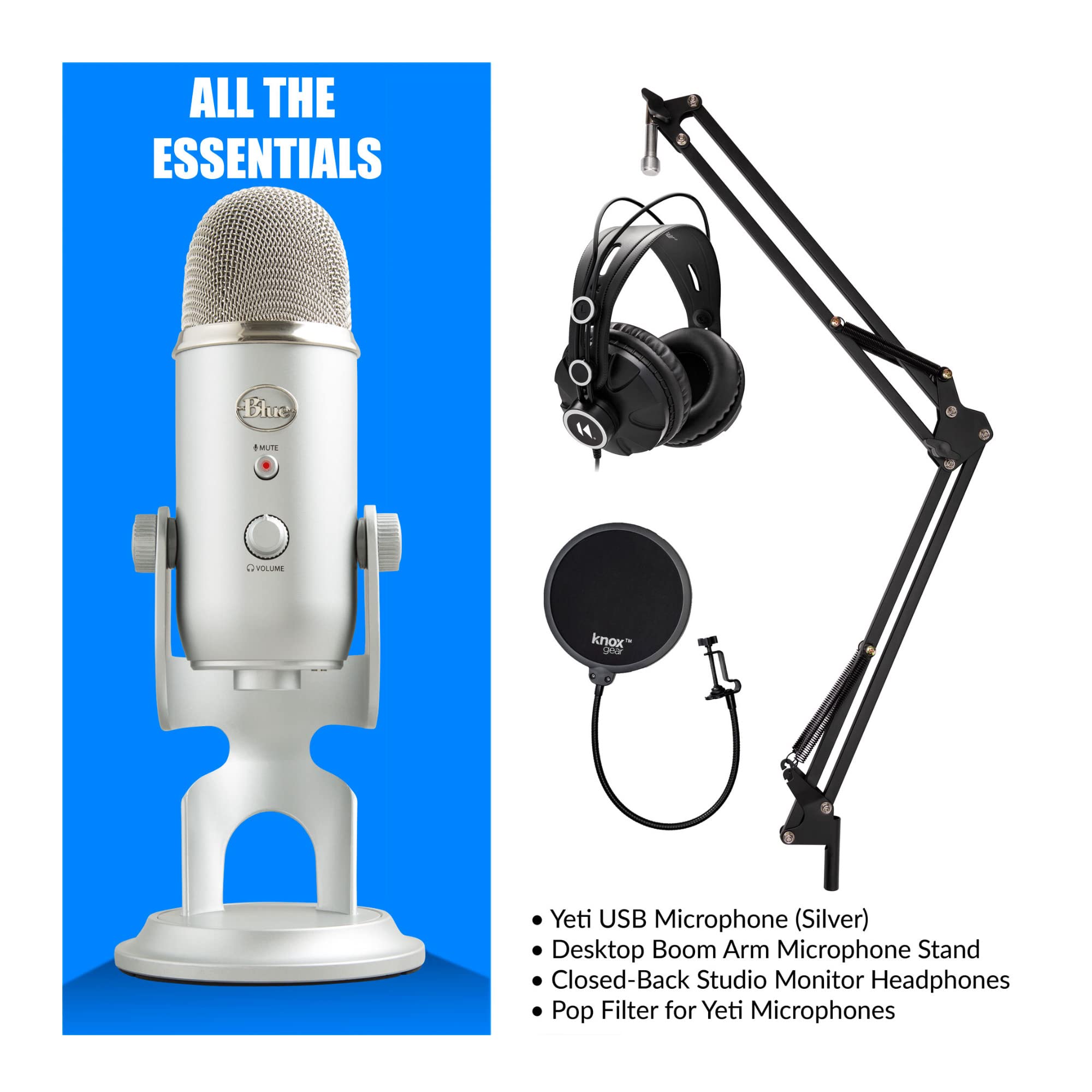 Blue Yeti USB Microphone Bundle with TX-100 Headphones, Boom Arm & Pop Filter - Professional Streaming, Podcasting & Gaming Setup (4-Piece Kit)