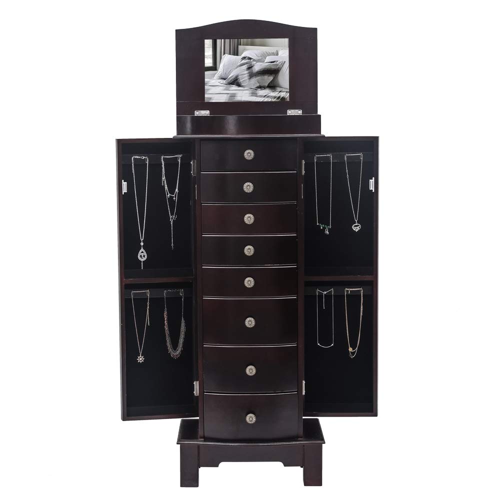 Henf Standing Jewelry Armoire Cabinet with Mirror - Large Jewelry Storage Chest with 8 Drawers, 2 Side Doors & 16 Necklace Hooks | Jewelry Organizer for Necklaces, Rings & Accessories | Perfect for Bedroom, Dressing Room & Closet Organization