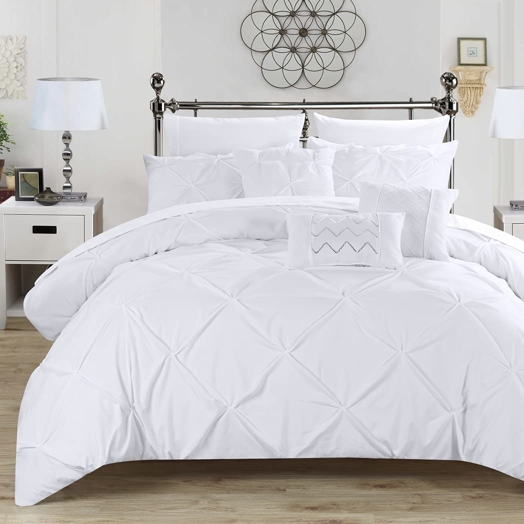 Chic Home 8-Piece Zita Pinch Pleated Twin Bed in a Bag Comforter Set - White Ruffled Bedding with Decorative Pillows | Perfect for Guest Rooms, Dorm Decor & Cozy Bedroom Makeovers