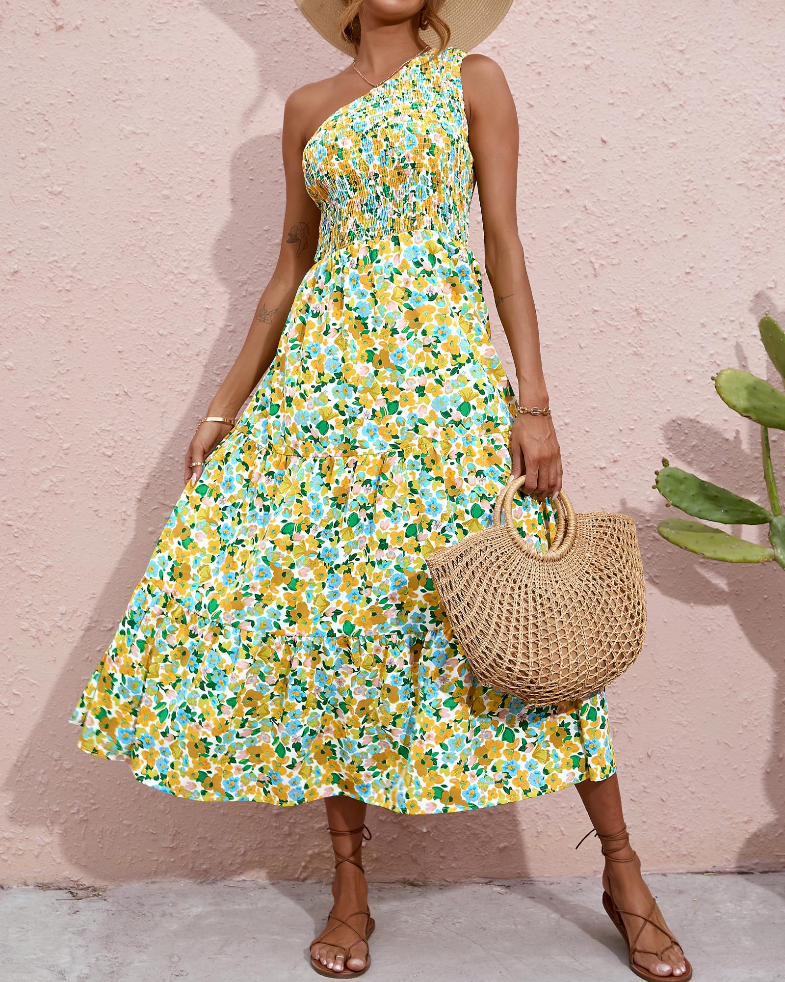 BTFBM Women's One Shoulder Floral Maxi Dress - Summer 2025 Casual Sleeveless High Waist Flowy Smocked Boho Beach Dress for Vacations, Parties & Outdoor Events
