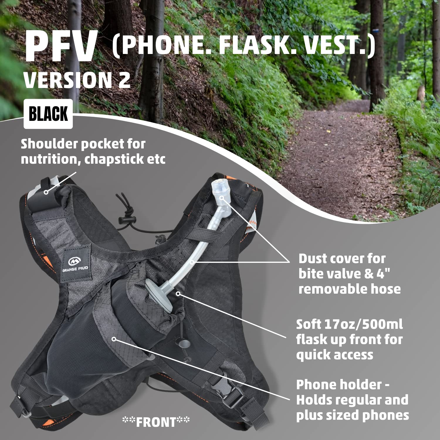 Orange Mud Phone Flask Vest 2.0 - Hydration Running Pack with Phone Pocket, Black - Perfect for Trail Running, Hiking & Outdoor Adventures
