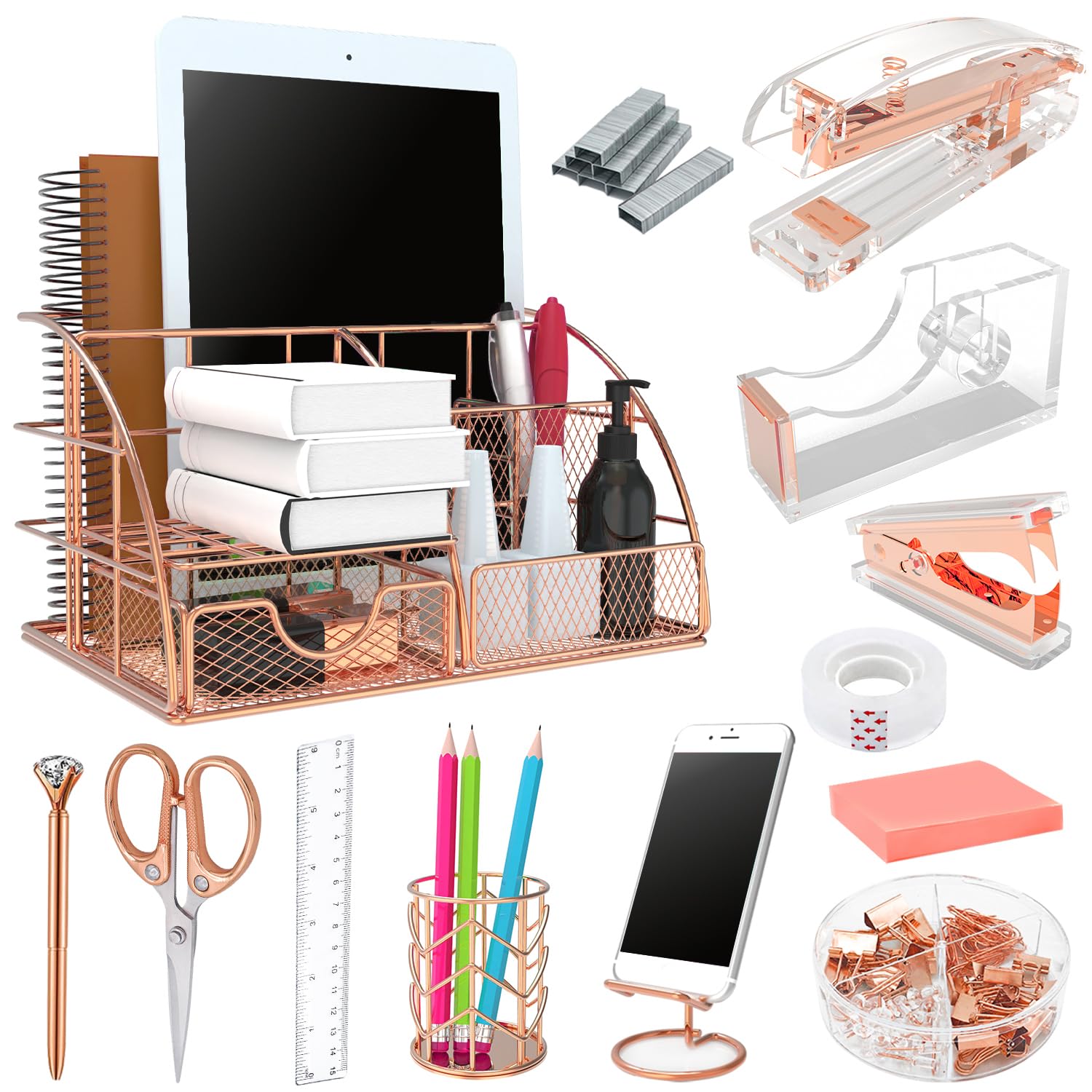 Rose Gold 13-Piece Office Desk Organizer Set - Acrylic Stapler, Staple Remover, Paper Clips, Scissors, Phone Stand, Pens & Pen Holder, Tape Dispenser - Perfect for Home Office, Workspace & School Organization