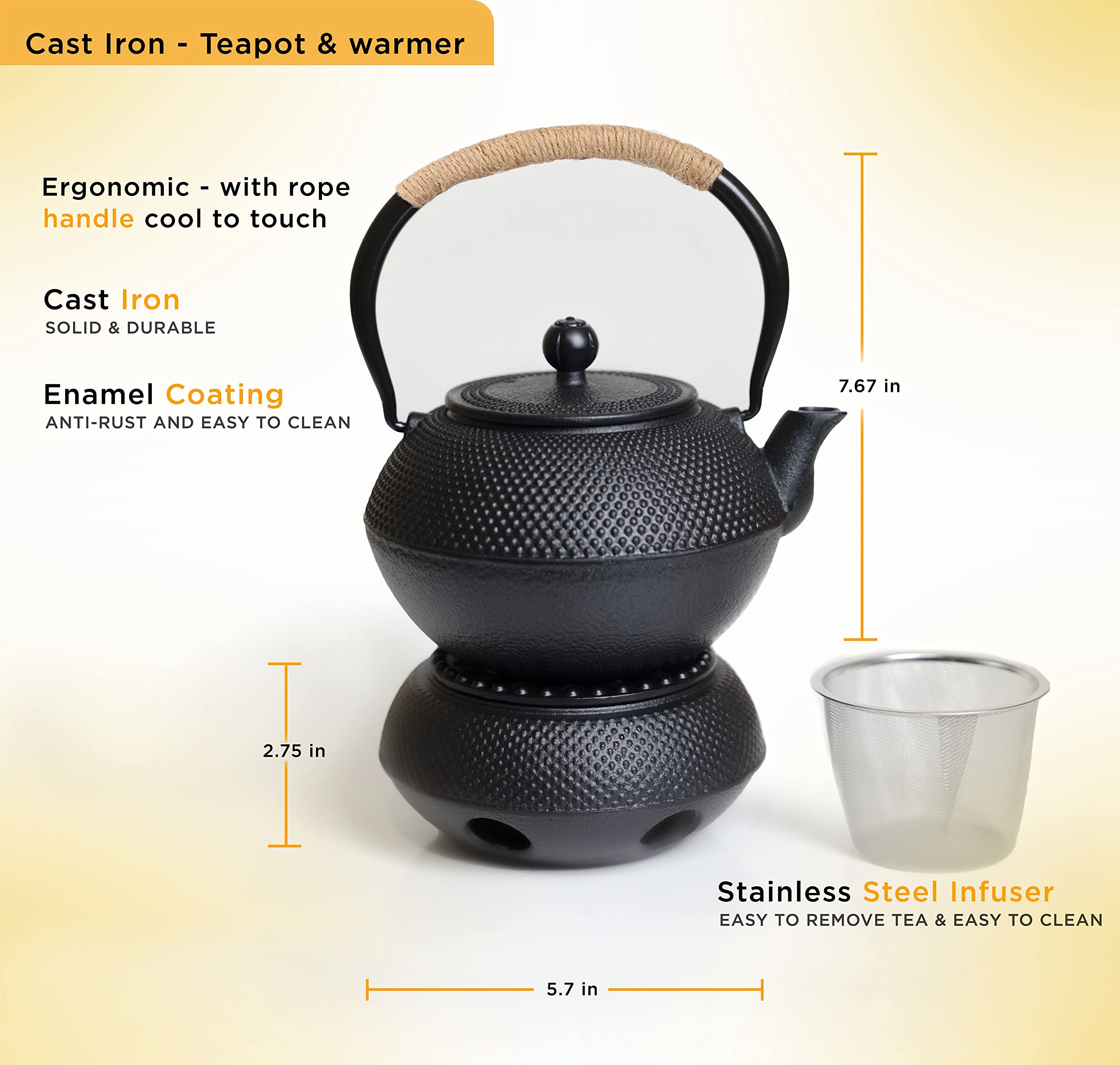 Premium Oztara 40oz/1200ml Japanese Cast Iron Teapot Set with Stainless Steel Infuser & Tea Warmer - Enamel Coated Interior, Large Black Iron Kettle for Loose Leaf Tea - Perfect for Home, Office, Tea Ceremonies & Gifts