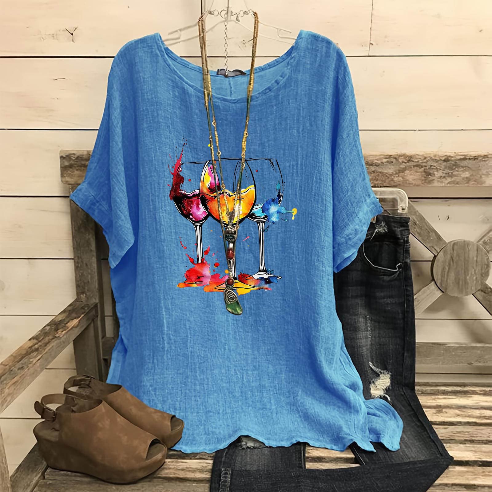 Women's Cotton Linen Short Sleeve Graphic T-Shirt - Sunflower & Dandelion Wine Glass Design - Casual Summer Blouse for Outdoors, Picnics, and Wine Tasting Events