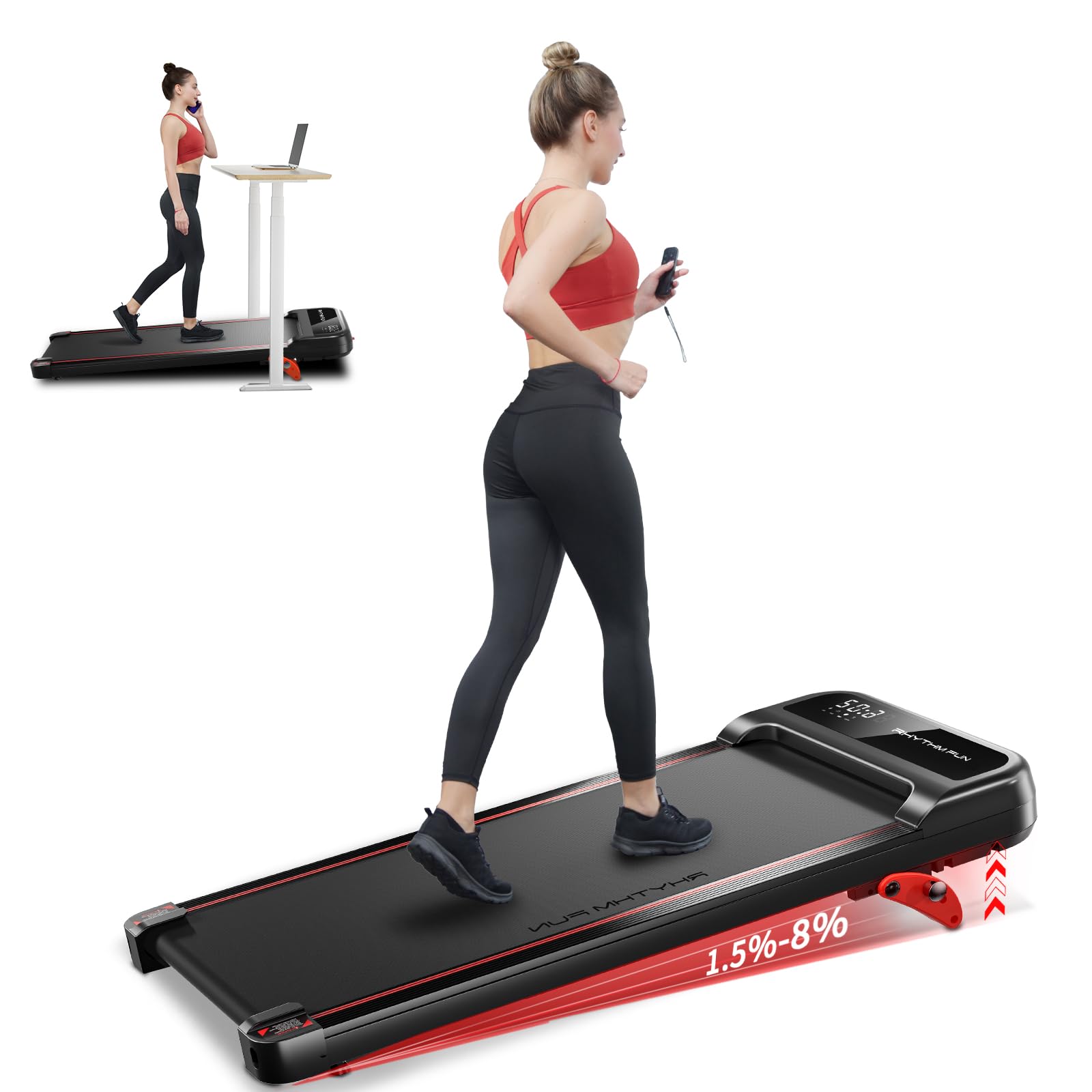 RHYTHM FUN Under Desk Treadmill with Incline - 300 Lbs Capacity Portable Walking Pad for Home & Office, Remote Control & LED Display - Perfect for Workouts, Home Fitness & Small Spaces