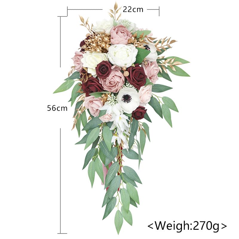 Artificial Calla Lily & Rose Cascading Bridal Bouquet - 10 Inch Burgundy White Roses & Purple Calla Lilies with Real Touch Eucalyptus - Satin Ribbon Handle Wedding Flowers for Bridal Shower, Ceremony & Home Decor