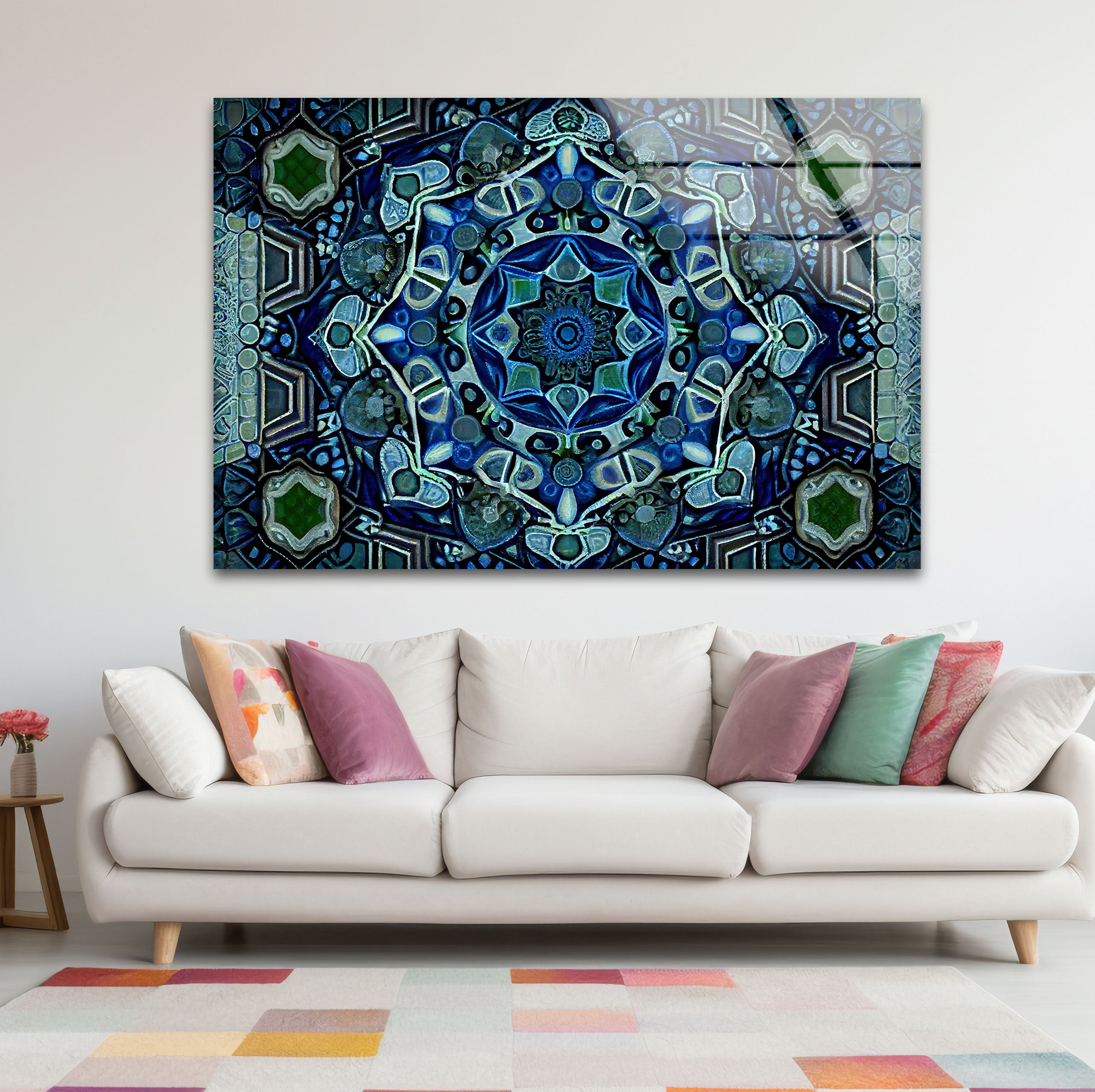 Blue Mandala Glass Wall Art – Handcrafted Intricate Geometric Design for Modern Home & Office Decor | Meditation Room, Yoga Studio & Spiritual Space Decor