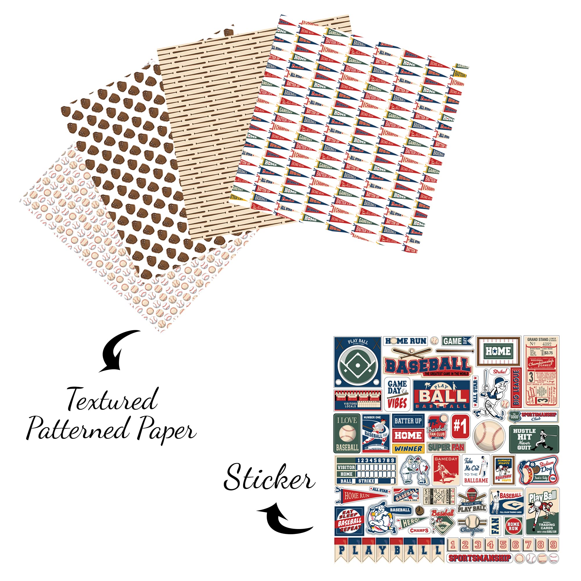 Baseball Scrapbook Paper 12x12 Inch - Sports Themed Scrapbooking Kit with Field, Players, Tickets & Phrases Stickers | Perfect for DIY Scrapbooks, Photo Albums, Journals & Memory Books | 5-Piece Set for Baseball Fans & Craft Lovers