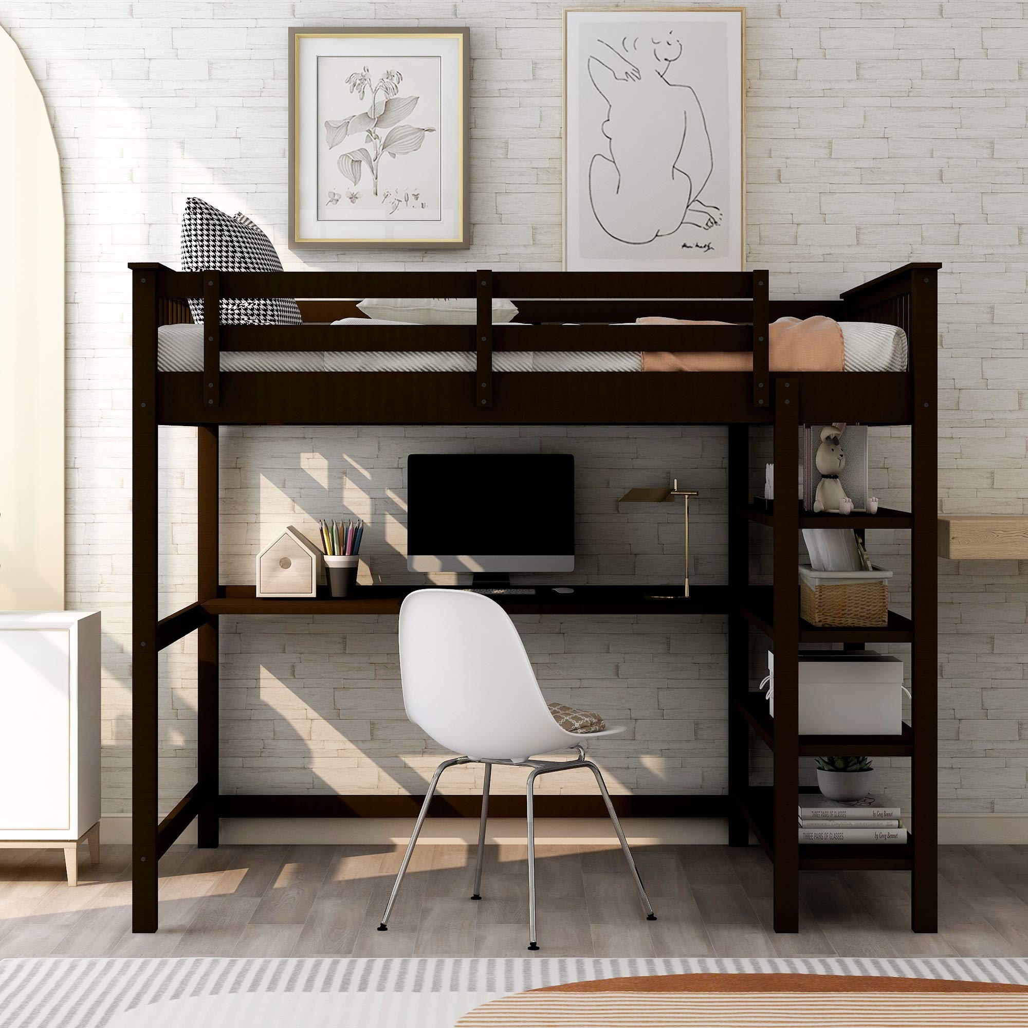 Full Size Loft Bed with Desk & Storage Shelves - Sturdy Wood Frame with Safety Guardrail & Ladder for Kids, Teens & Adults - No Box Spring Needed - Espresso Finish - Perfect for Small Bedrooms, Dorms & Space-Saving Kids Rooms