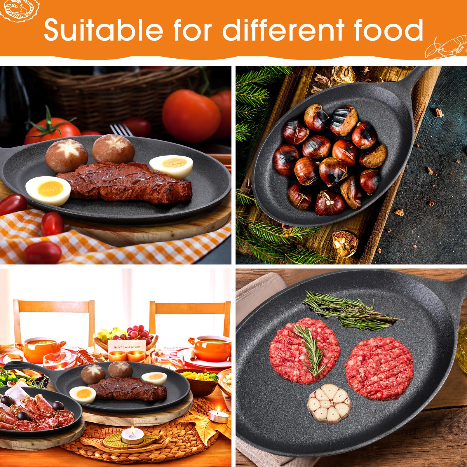 Lallisa 8-Piece Cast Iron Fajita Plate Set with Wooden Tray & Heat-Resistant Mitts - Sizzling Skillet for BBQ, Kitchen, Party & Restaurant Catering - Perfect for Mexican Fajitas, Steak, Shrimp & Veggies at Home or Commercial Use