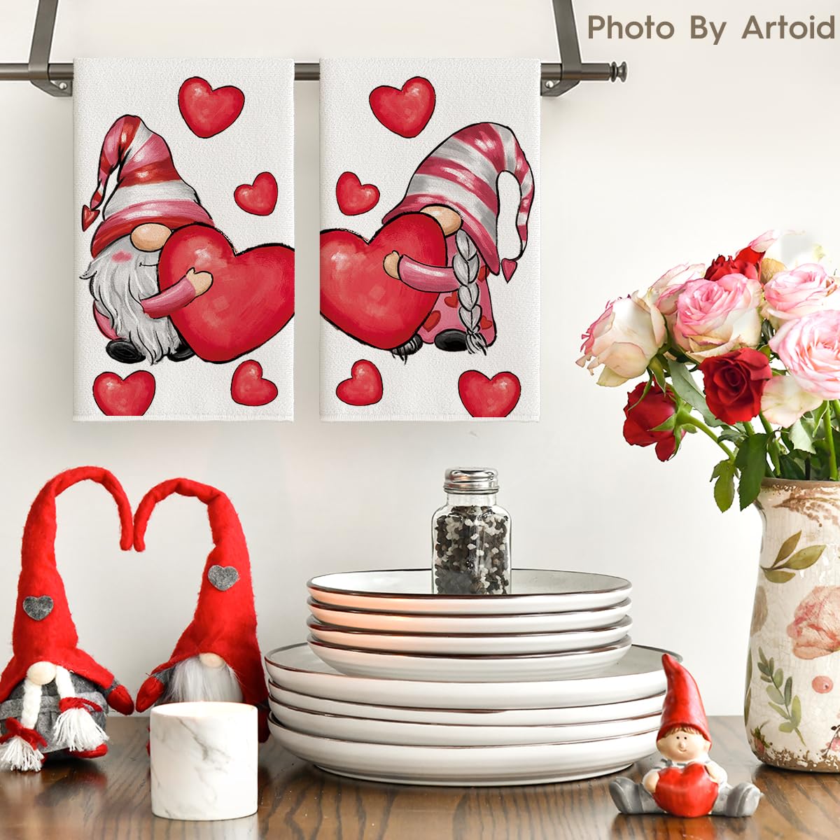 Artoid Mode Valentine's Day Gnome Kitchen Towels Set of 2 - 18x26 Inch Absorbent Dish Cloths for Seasonal Decor, Gifts & Holiday Kitchen Use