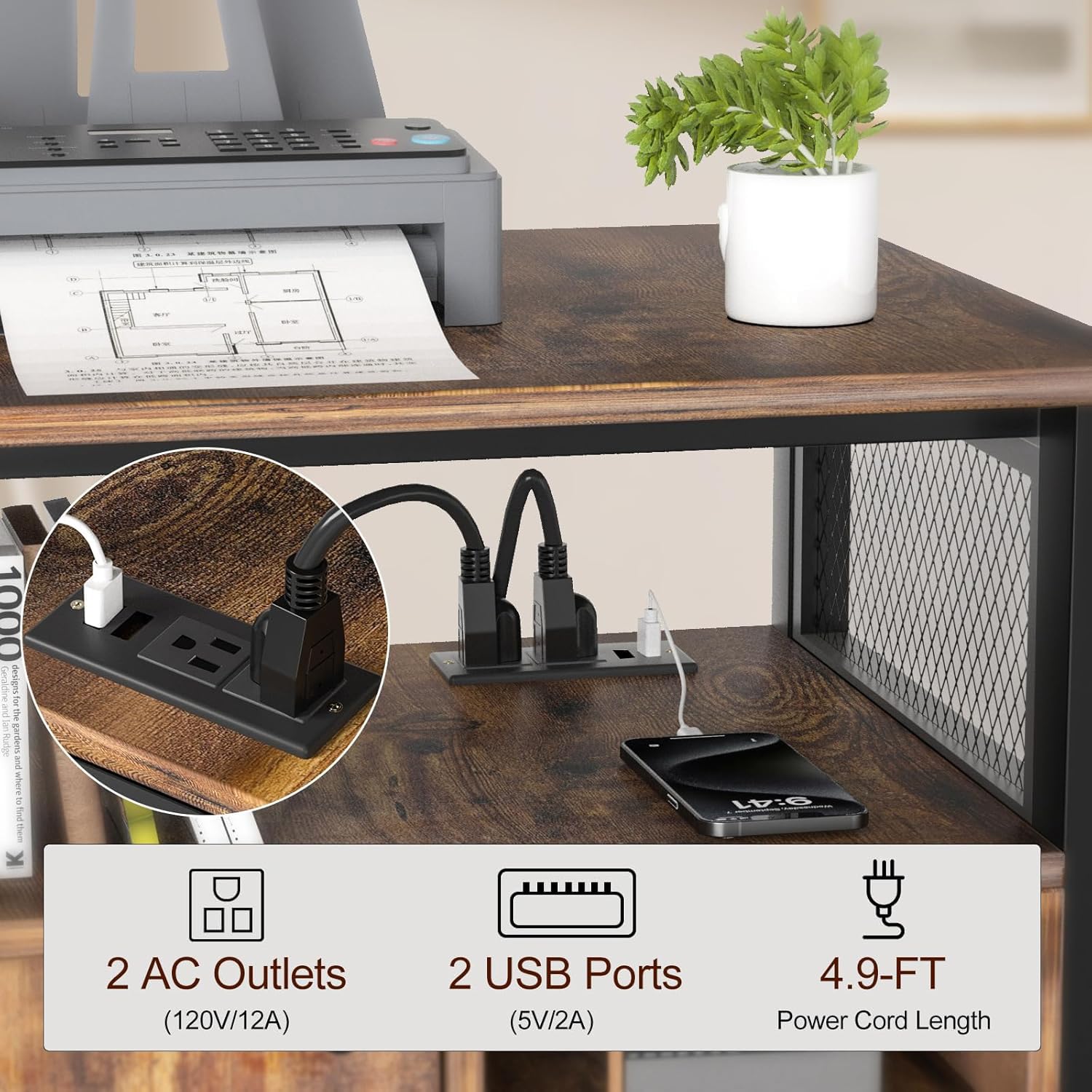 Locking Lateral File Cabinet with USB Charging Port - Modern Rolling Office Storage Cabinet with Wheels for Printer, Scanner & Fax - Brown Home Office Furniture for Workspace Organization
