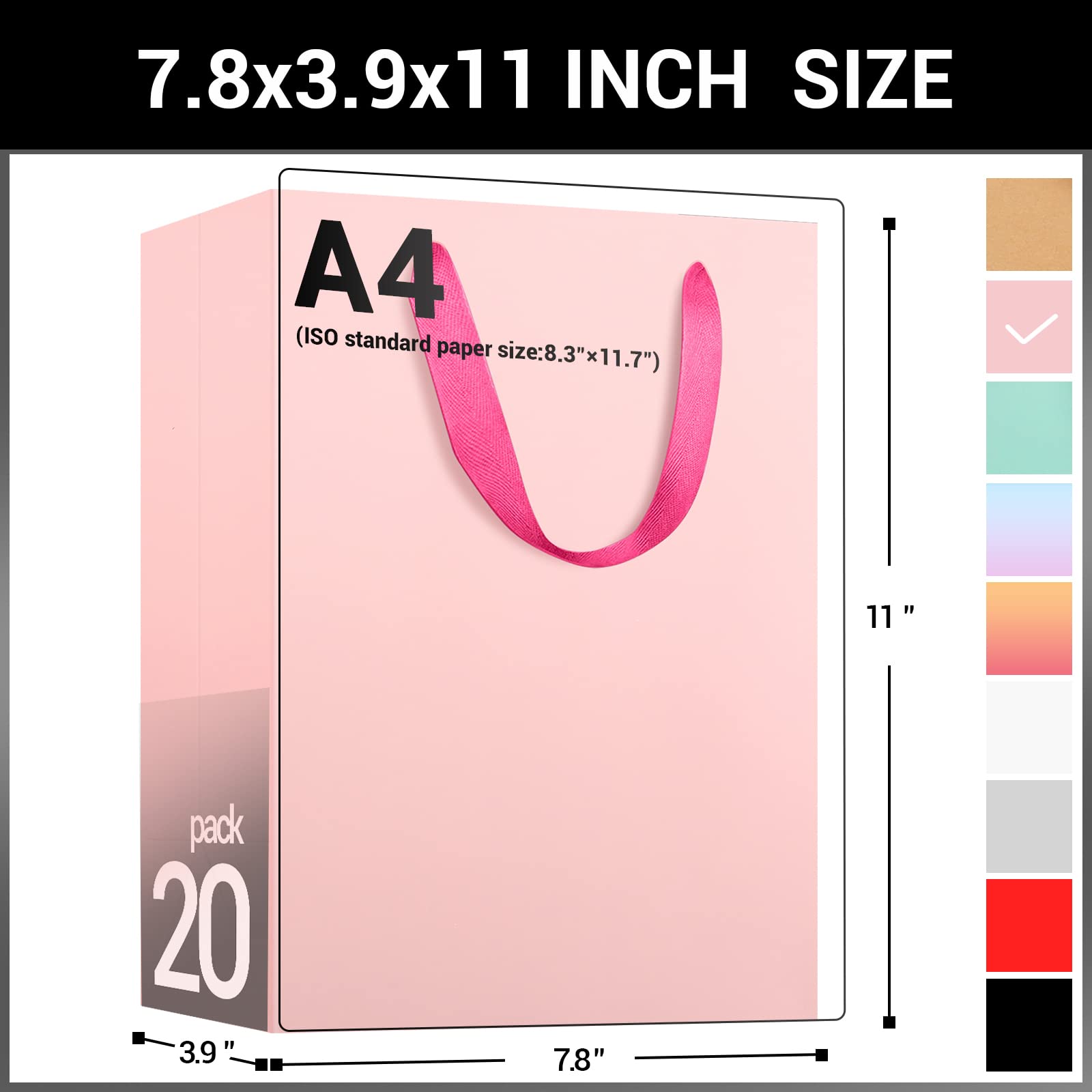EUSOAR 20pcs Pink Kraft Gift Bags with Handles, 7.8x3.9x11 Inches - Thick & Sturdy Paper Shopping Bags for Merchandise Wrapping, Boutique Business, Conference Celebrations - Perfect for Birthday Presents, Wedding Favors, and Retail Packaging