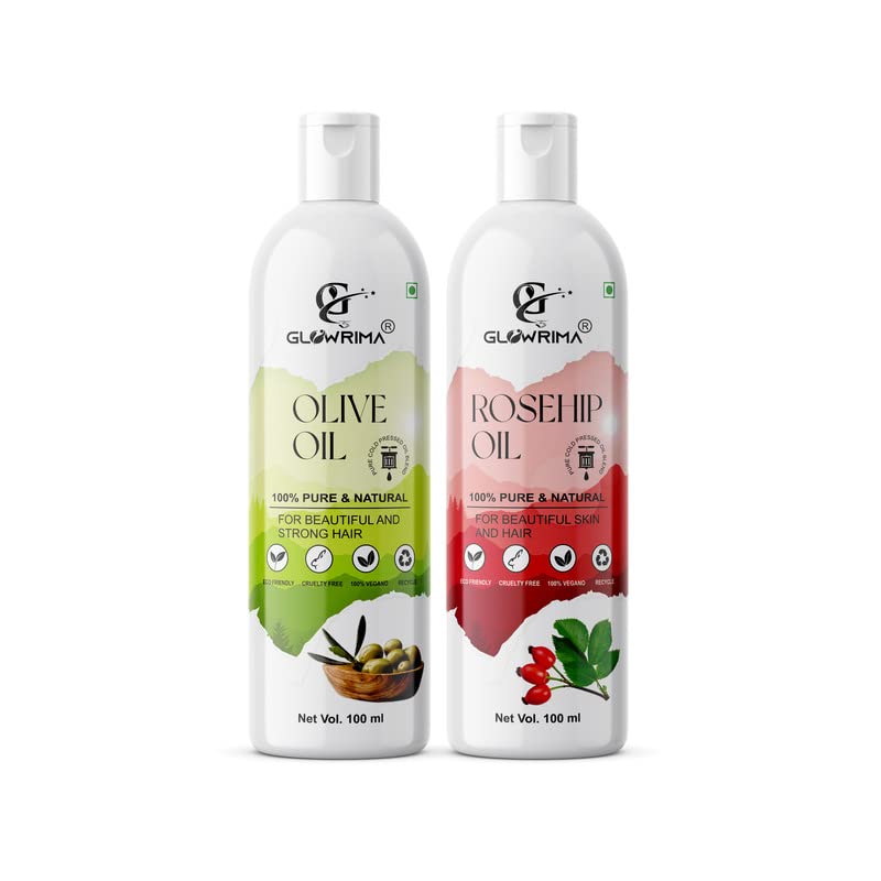 Glowrima 100% Pure Olive Oil & Rosehip Oil Combo (100ML Each) - For Rapid Hair Growth, Anti Hair Fall, Split Ends Repair & Shinier Hair - Perfect for Daily Hair Care, Scalp Massage & DIY Hair Treatments (Pack of 2)