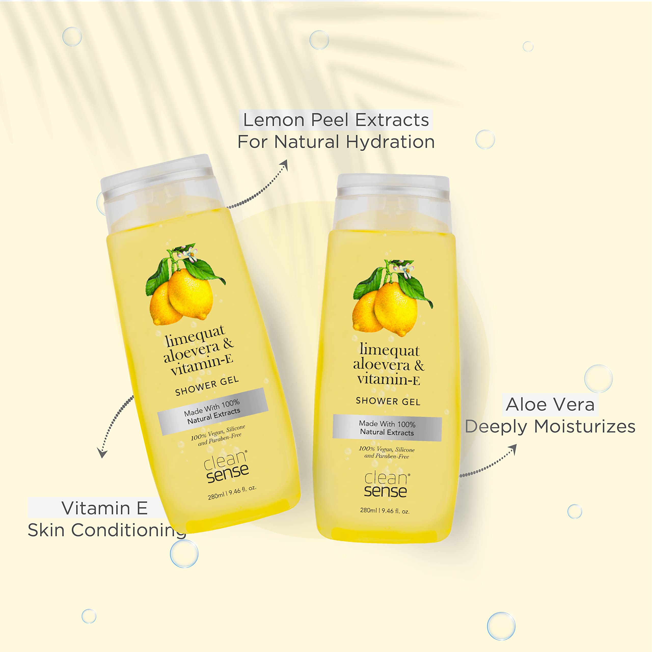 Cleansense Limequat Summer Body Wash & Shower Gel Set - 100% Vegan, Paraben-Free with Aloe Vera & Vitamin E (2 x 280ml) - Refreshing Citrus Body Cleanser for Summer Skincare & Daily Shower Routine