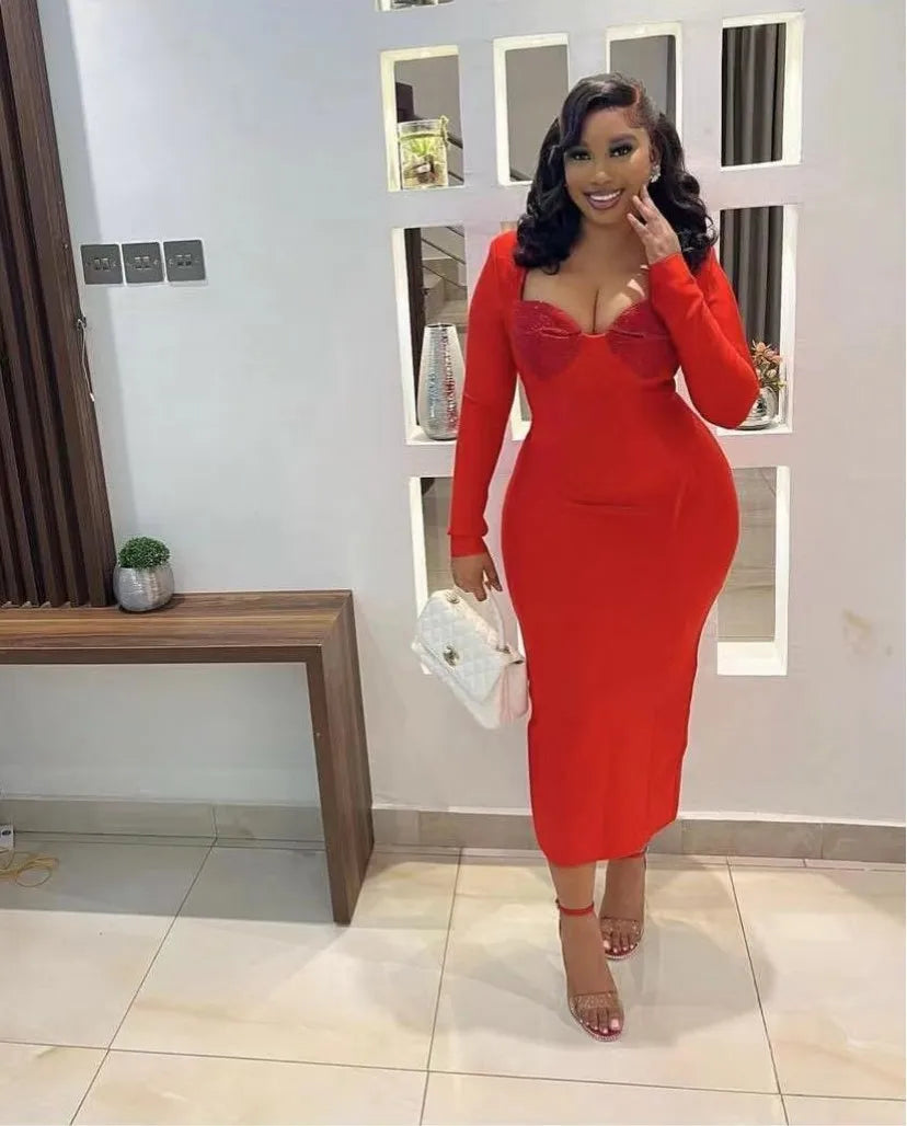 Sexy Black & Red Rhinestone Bodycon Bandage Dress for Women - Long Sleeve Square Neck Club Party Dress | Perfect for Nightclub, Cocktail Parties & Special Celebrations