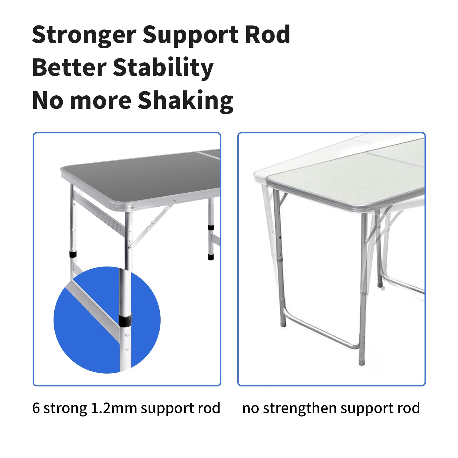 6FT Folding Camping Table - Adjustable Height (27/24/21 inch) Portable Aluminum Picnic Table for Outdoor, BBQ, Tailgating & Beach (Black, 71 x 23.6 inches) - Perfect for Camping, Backyard Parties & Picnics