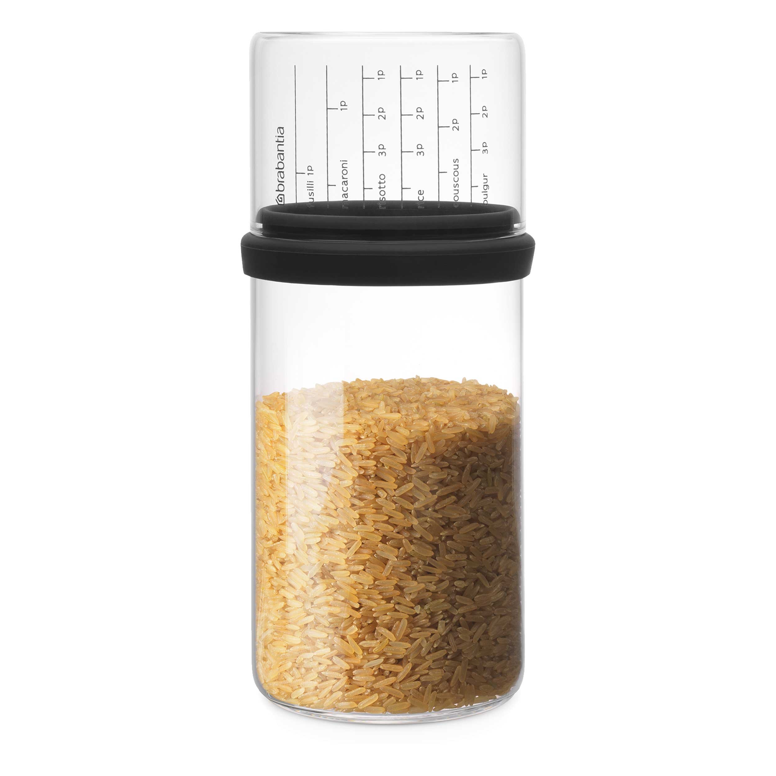 Brabantia 290282 1L Glass Storage Jar with Measuring Cup - Dark Grey, 10.4 x 10.4 x 23 cm - Airtight Kitchen Container for Flour, Sugar, Coffee & Dry Food Storage
