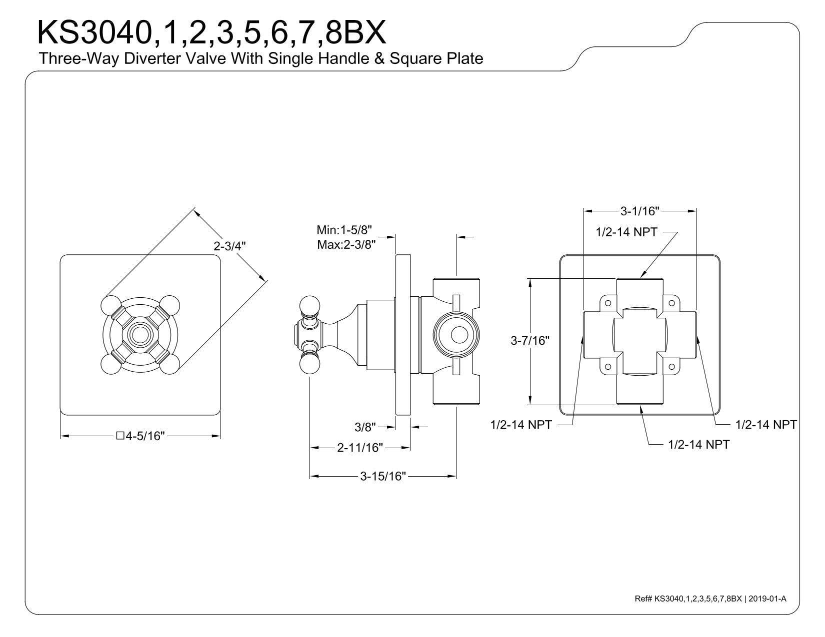 Kingston Brass KS3045BX 3-Way Diverter Valve with Trim Kit in Oil Rubbed Bronze Finish | Perfect for Shower, Bathtub & Sink Plumbing Systems
