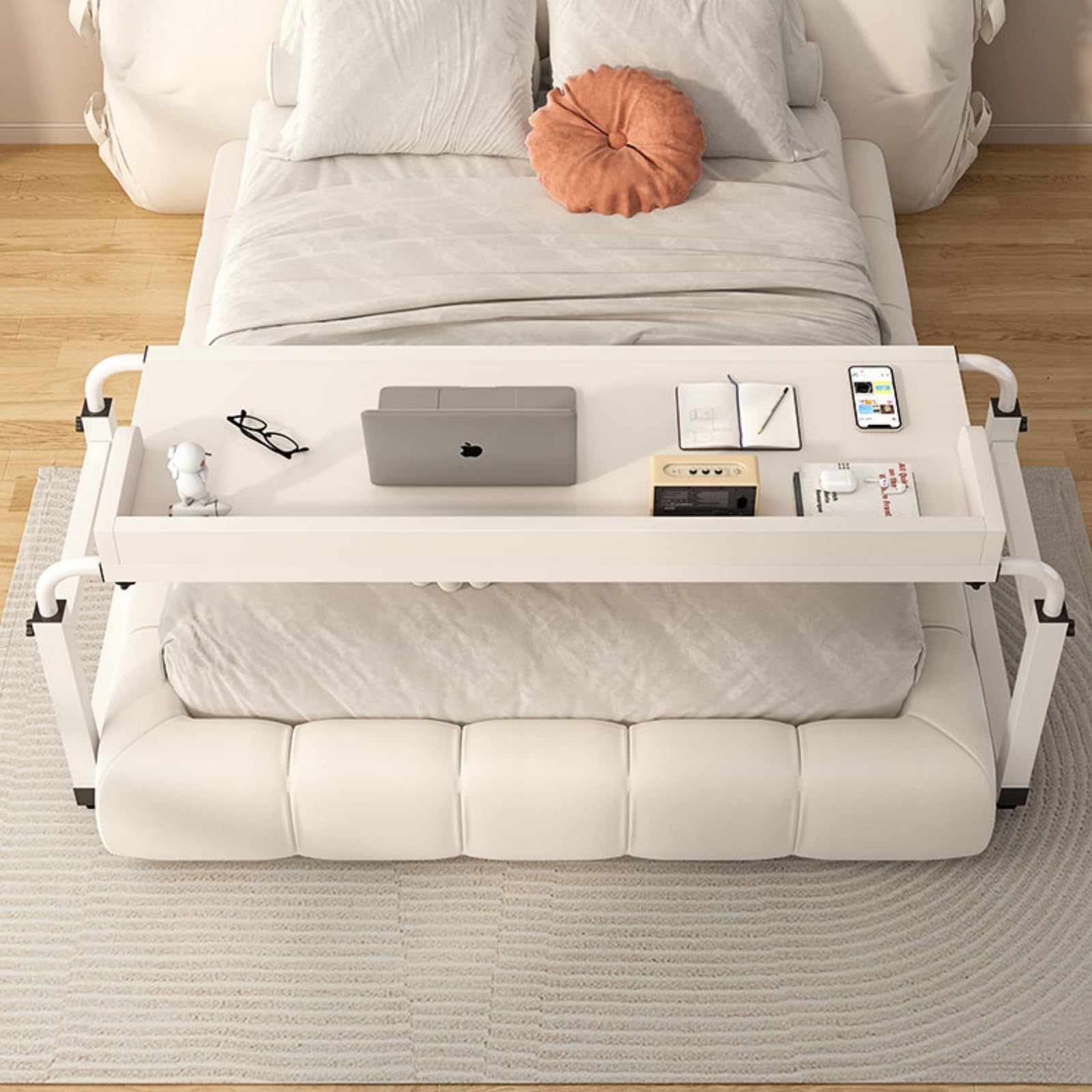 Adjustable Overbed Table with Wheels - Mobile Bed Desk for Laptop, Breakfast, Reading & Work - Height Adjustable Rolling Computer Table for Hospital, Home & Office Use