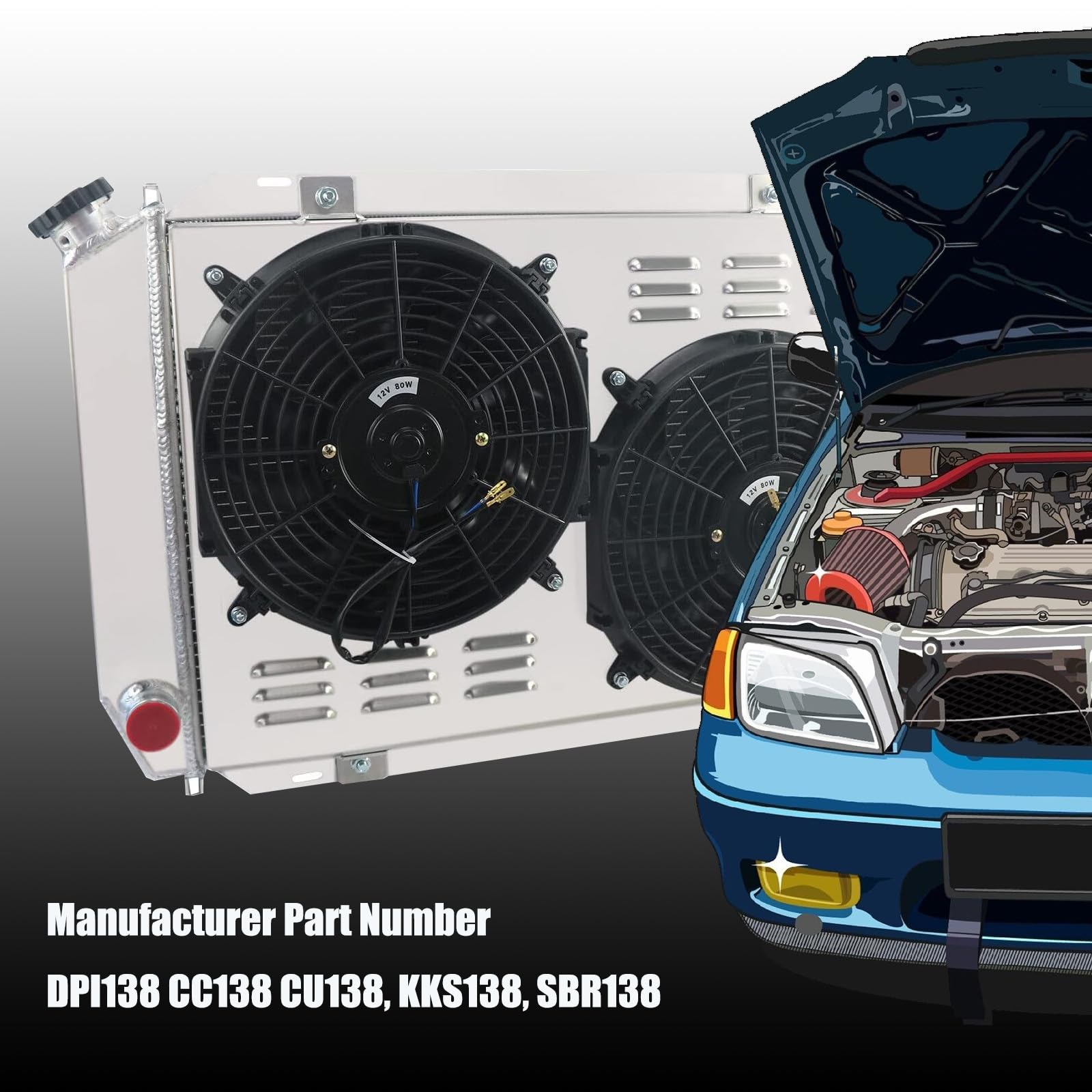 High-Performance 3 Row Aluminum Radiator for 1979-1993 Ford Mustang GT/LX 5.0L V8 Manual Transmission - Complete Cooling Kit with Shroud Fan & Thermostat Relay - Perfect for Street Racing, Off-Road & Hot Weather Driving