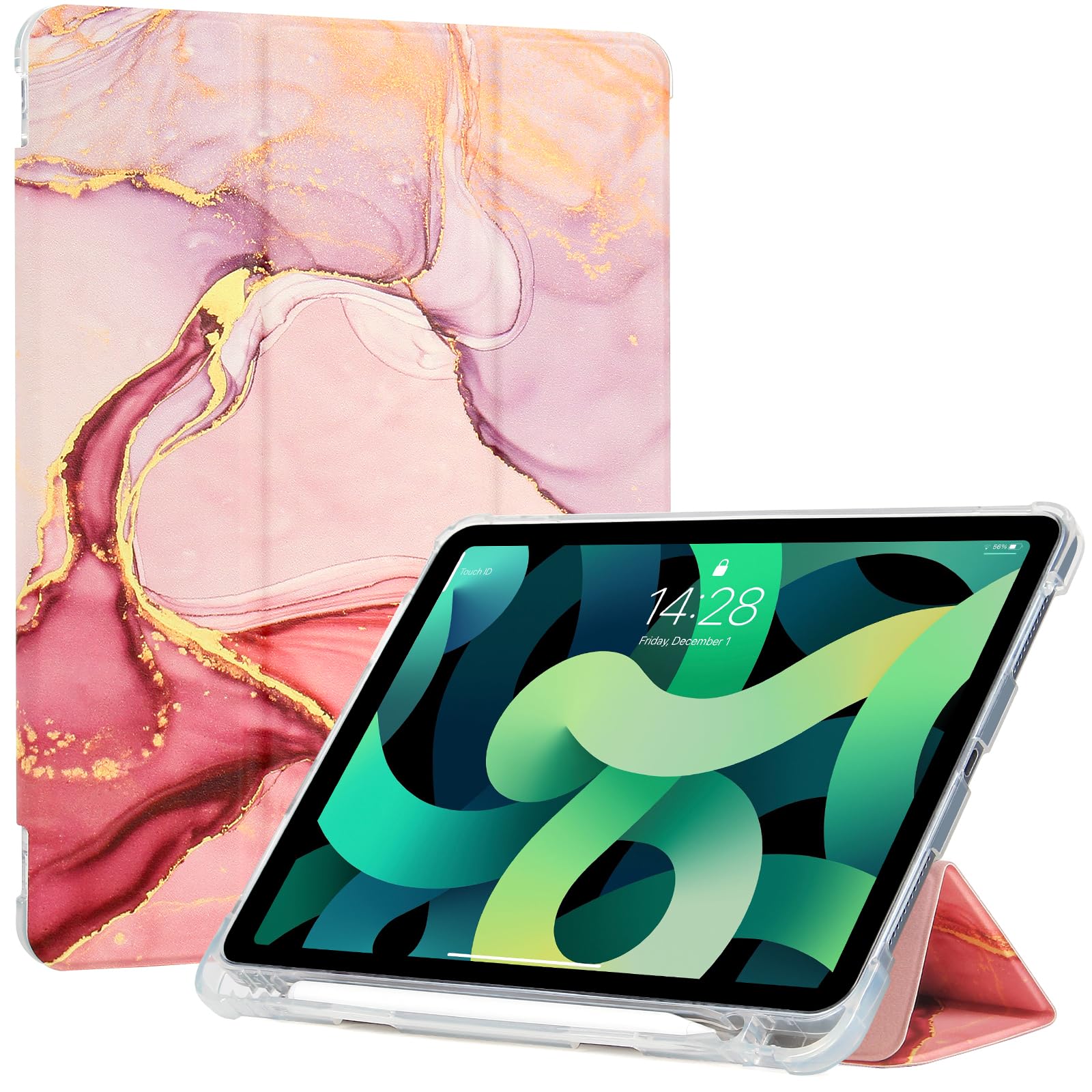 ProtUTab Slim Trifold Stand Case for iPad Air 5th Gen (2022) & iPad Air 4th Gen (2020) - Auto Wake/Sleep, Lightweight TPU Cover with Pencil Holder, 10.9 Inch - Nordic Pink | Perfect for Work, Study & Travel