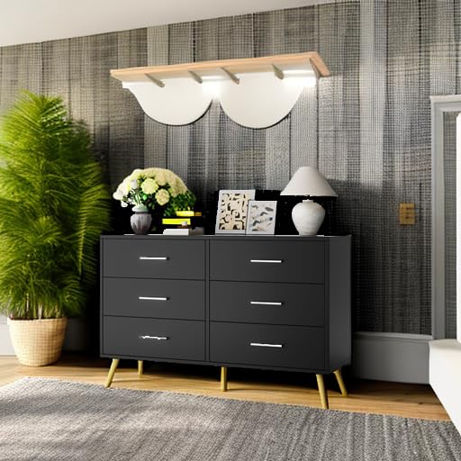 Shintenchi 6-Drawer Dresser - Modern Wide Chest of Drawers with Large Storage, Black Organizer Cabinet for Bedroom, Living Room & Porch | Perfect for Clothes, Toys & Home Organization