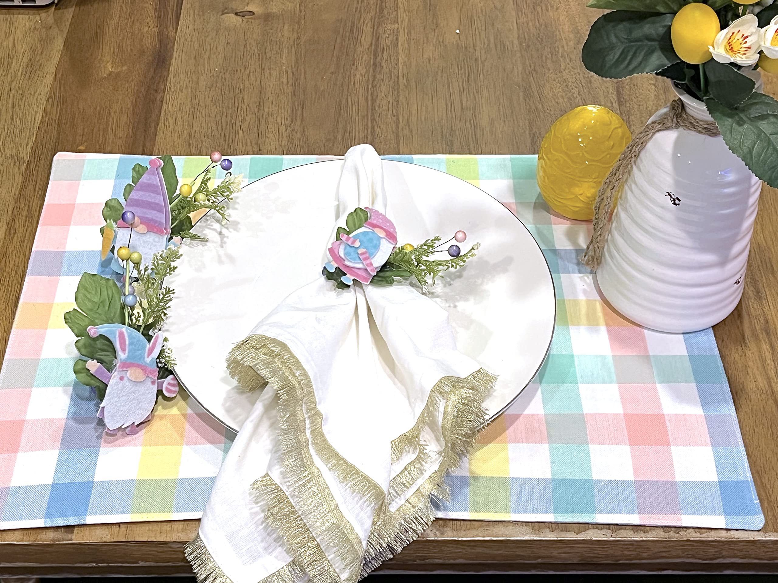 Easter Gnome Napkin Rings Set of 6 - Spring Floral Decor with Pink, Green, Blue & Yellow Bunnies - Perfect for Easter Table Settings, Spring Parties & Home Decor