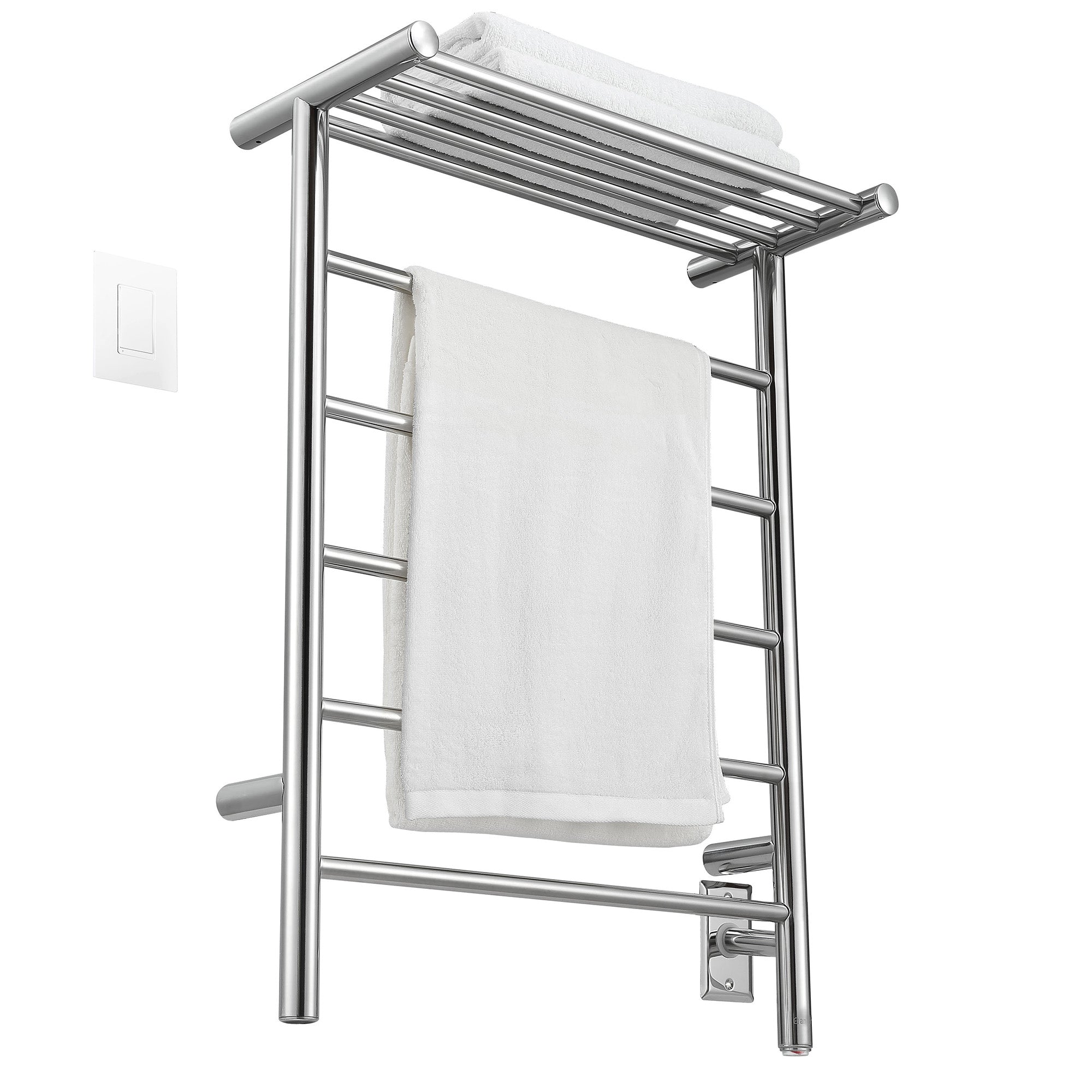 Miazzo 5 Bar Electric Wall Mount Towel Warmer with Shelf - Plug In or Hardwire, Polished Stainless Steel, WiFi Timer - Perfect for Bathroom, Spa, Gym & Luxury Home Heating
